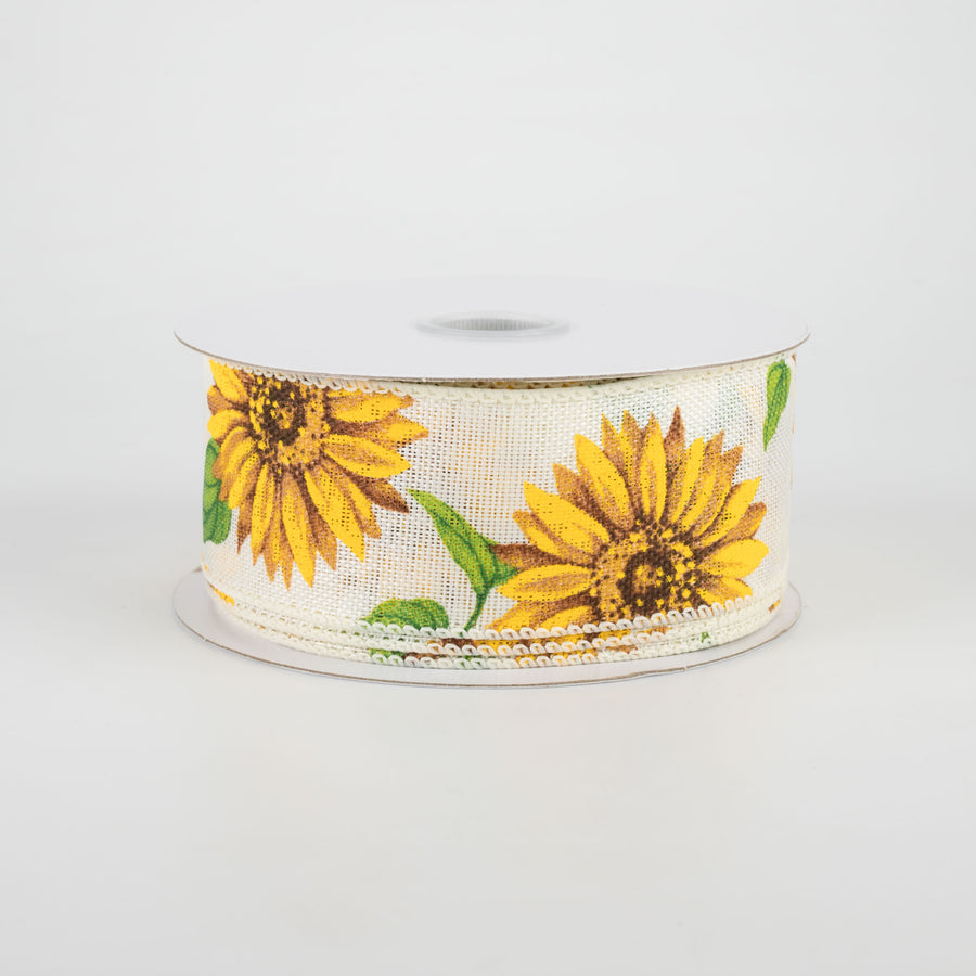 1.5" Linen Sunflower Ribbon: Ivory (10 Yards)