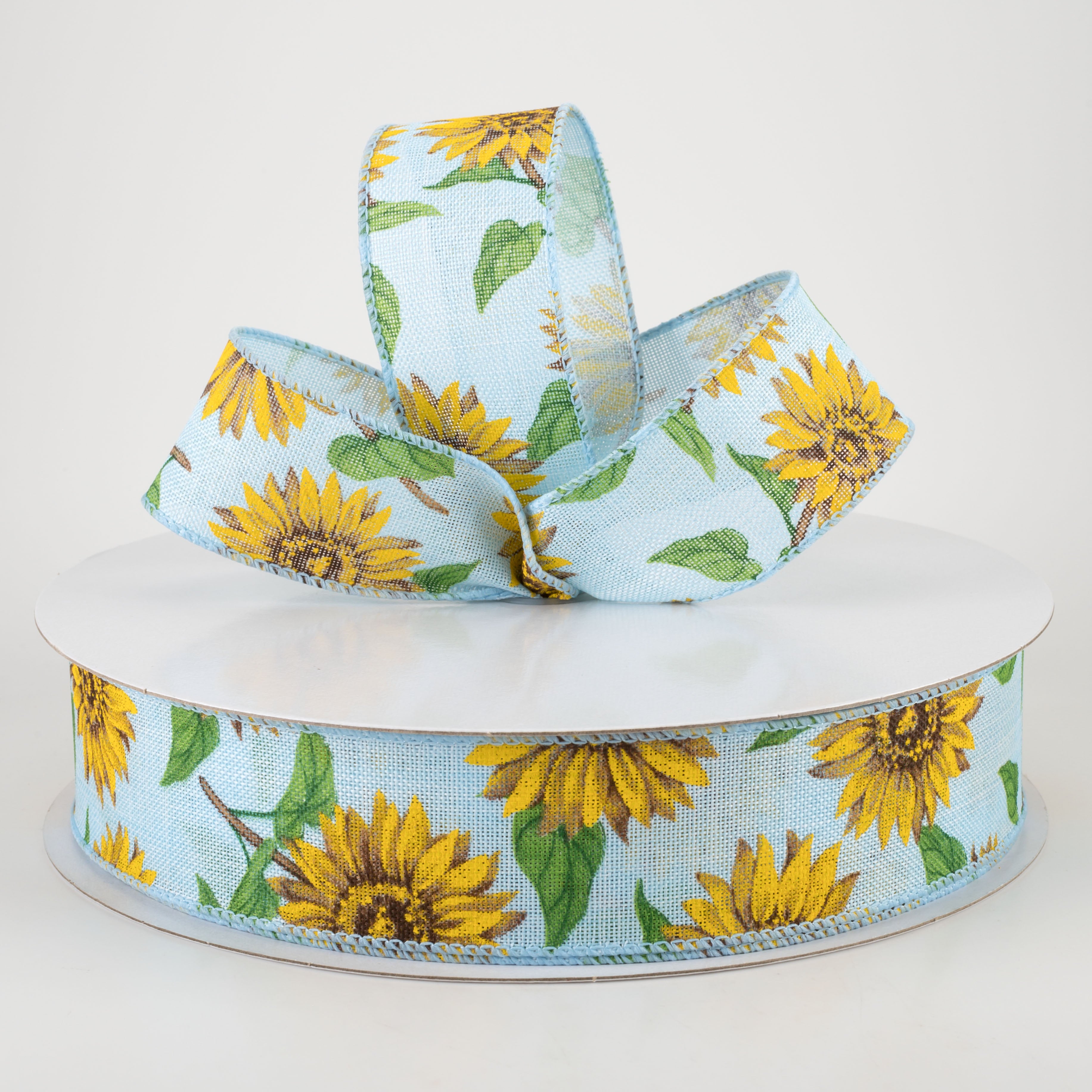 1.5" Linen Sunflower Ribbon: Light Blue (50 Yards) Lifestyle Photo