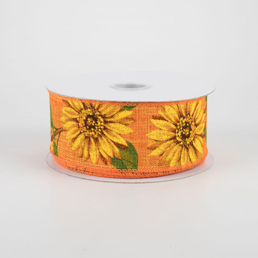 1.5" Linen Sunflower Ribbon: Orange (10 Yards)