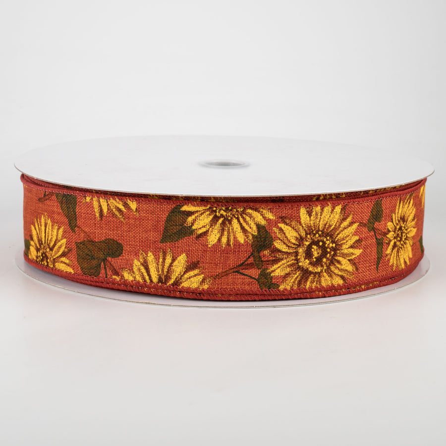 1.5" Linen Sunflower Ribbon: Rust (50 Yards)