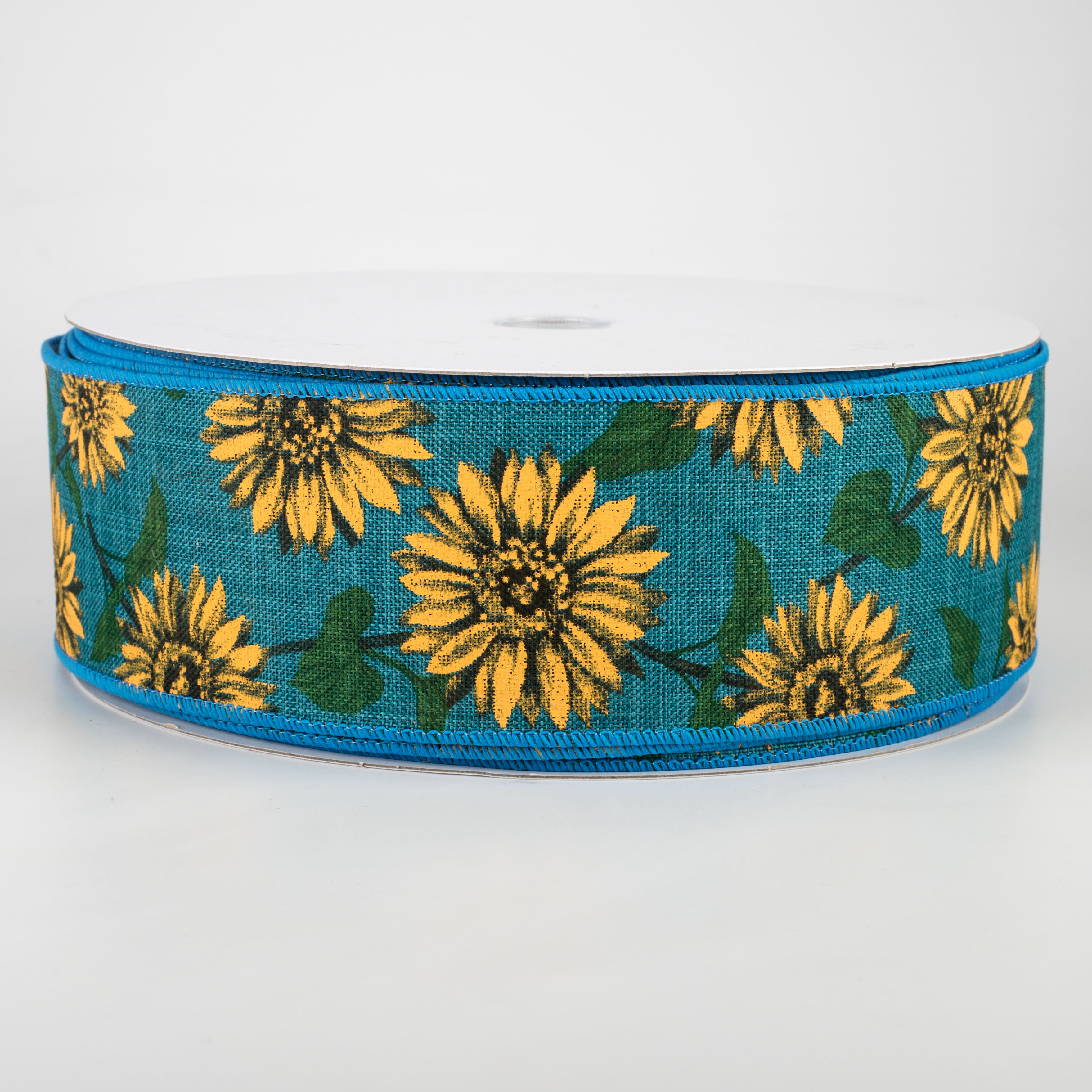 2.5" Linen Sunflower Ribbon: Teal (50 Yards)