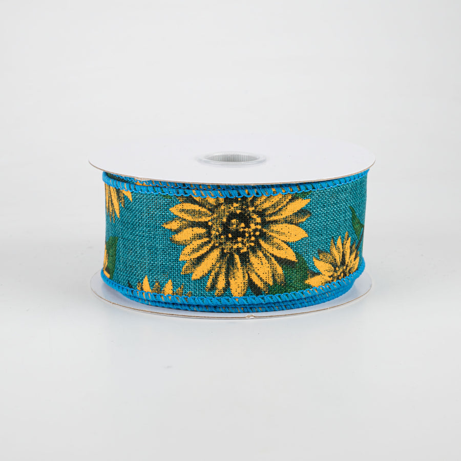 1.5" Linen Sunflower Ribbon: Teal (10 Yards)