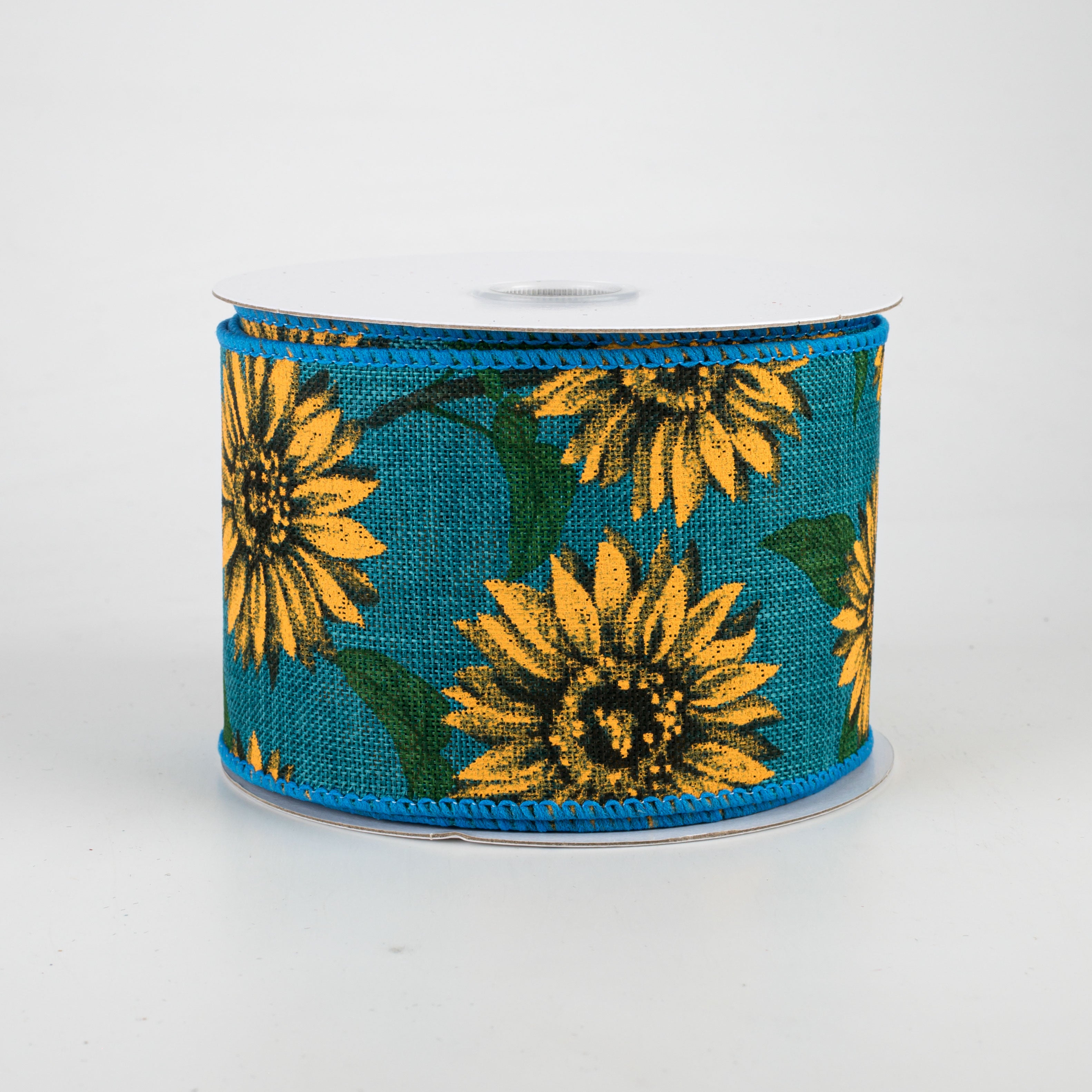 2.5" Linen Sunflower Ribbon: Teal (10 Yards)