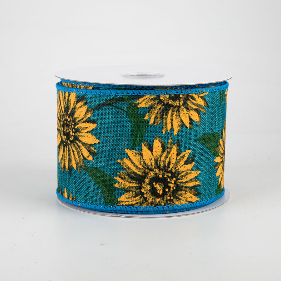 2.5" Linen Sunflower Ribbon: Teal (10 Yards)