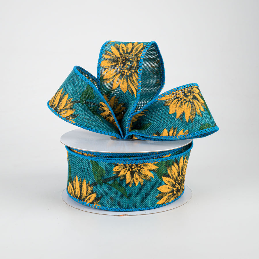 1.5" Linen Sunflower Ribbon: Teal (10 Yards) Lifestyle Photo