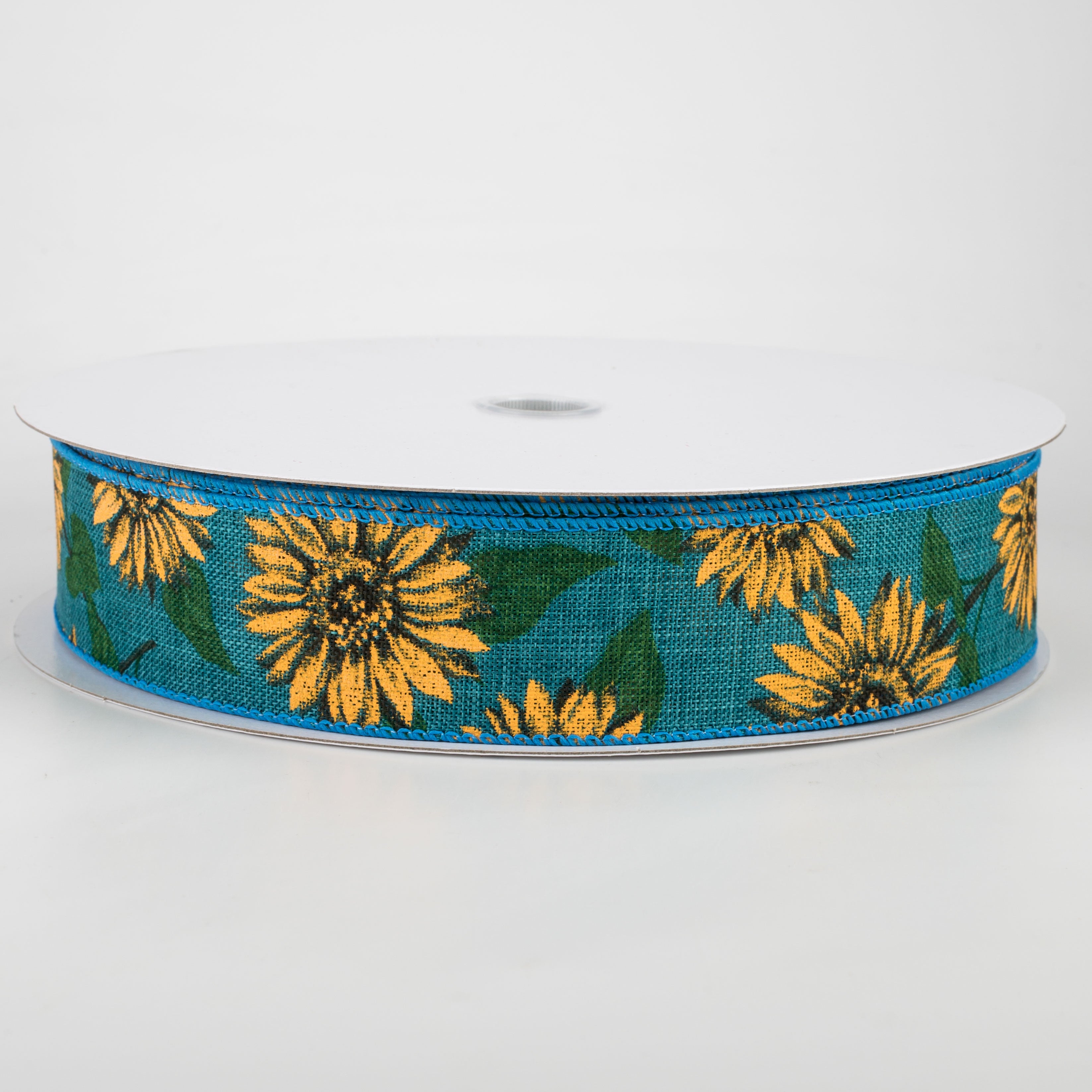 1.5" Linen Sunflower Ribbon: Teal (50 Yards)