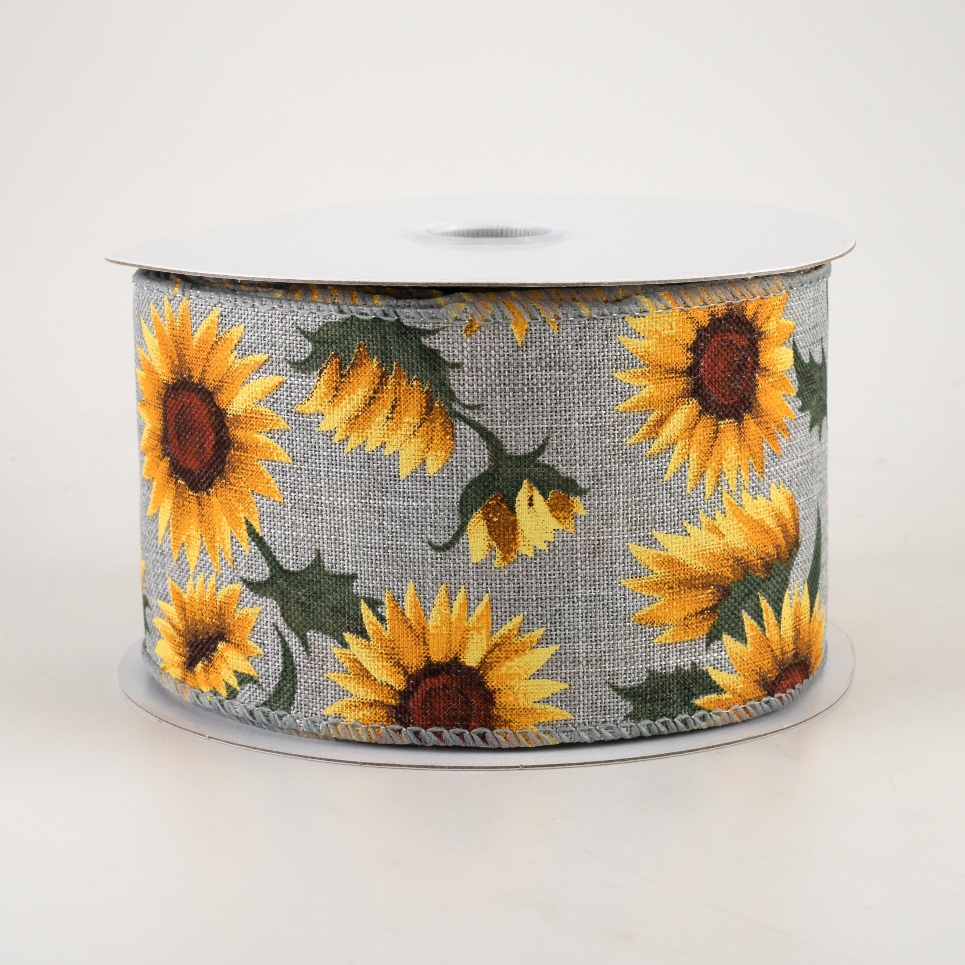 2.5" Linen Sunflowers & Leaves Ribbon: Grey (10 Yards)