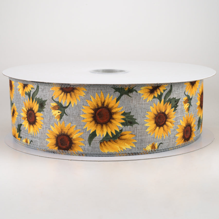 2.5" Linen Sunflowers & Leaves Ribbon: Grey (50 Yards)