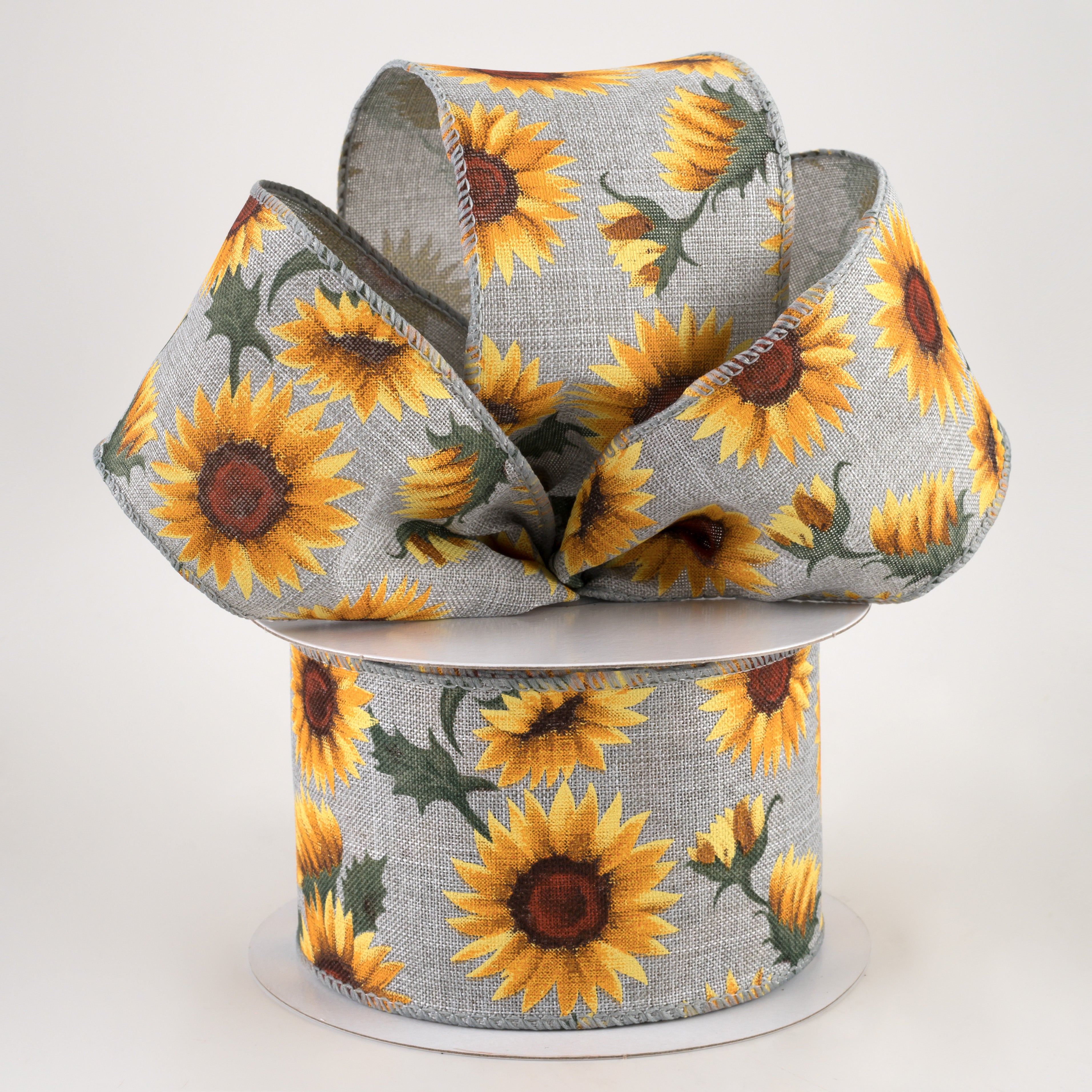 2.5" Linen Sunflowers & Leaves Ribbon: Grey (10 Yards) Lifestyle Photo