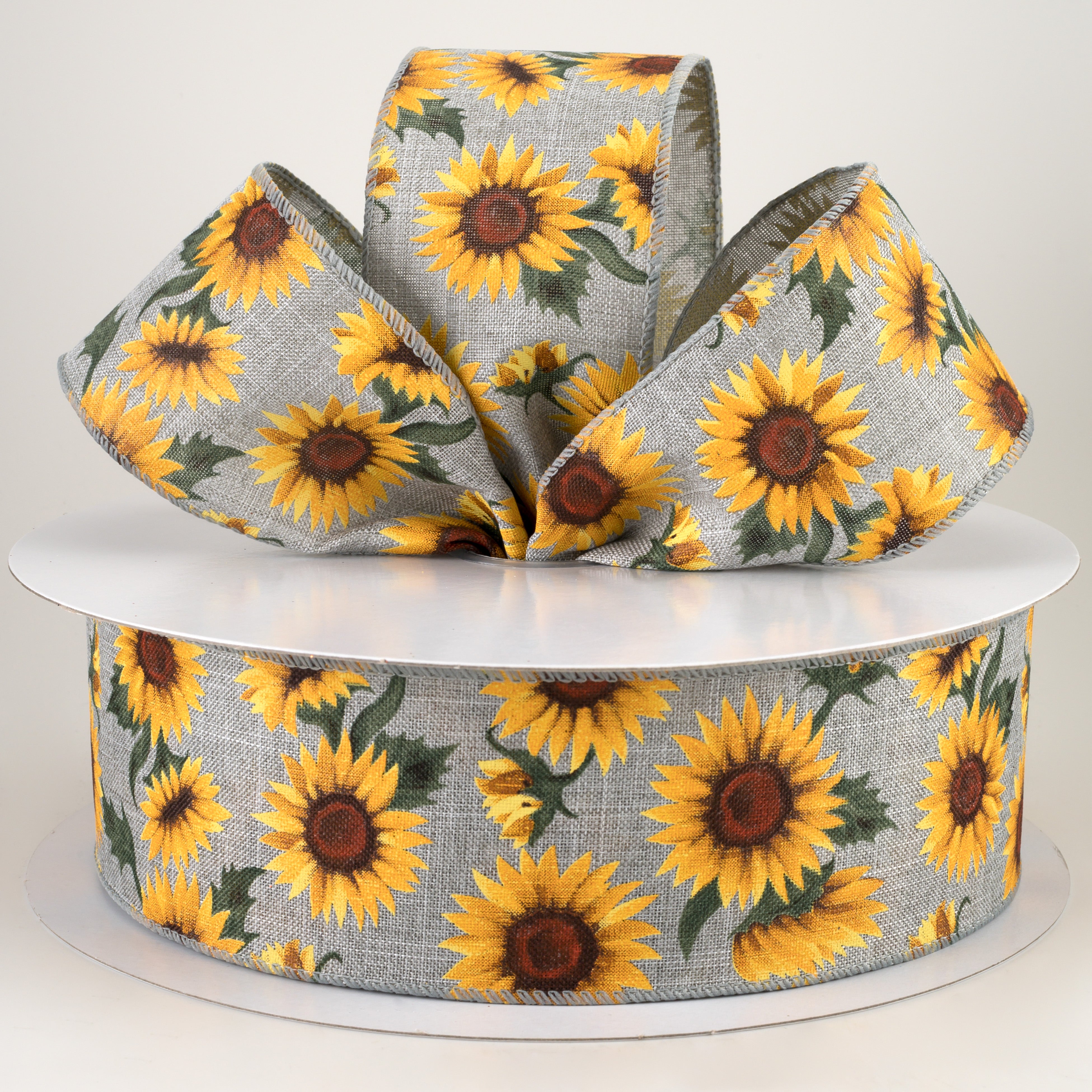 2.5" Linen Sunflowers & Leaves Ribbon: Grey (50 Yards) Lifestyle Photo