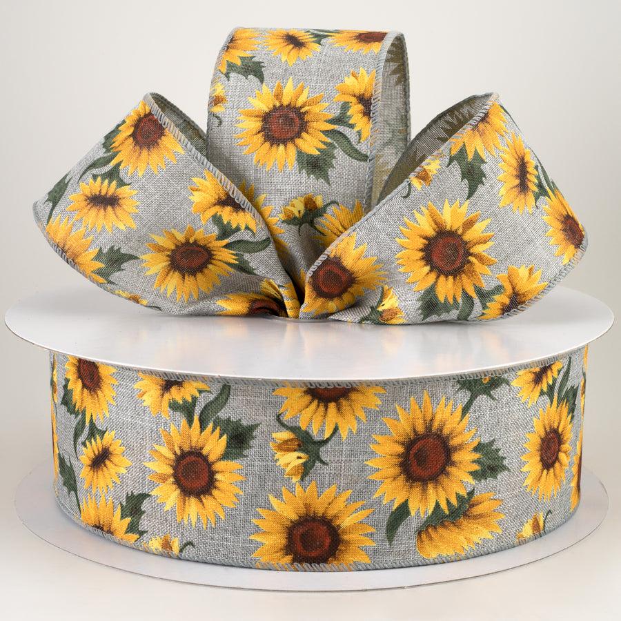 2.5" Linen Sunflowers & Leaves Ribbon: Grey (50 Yards) Lifestyle Photo