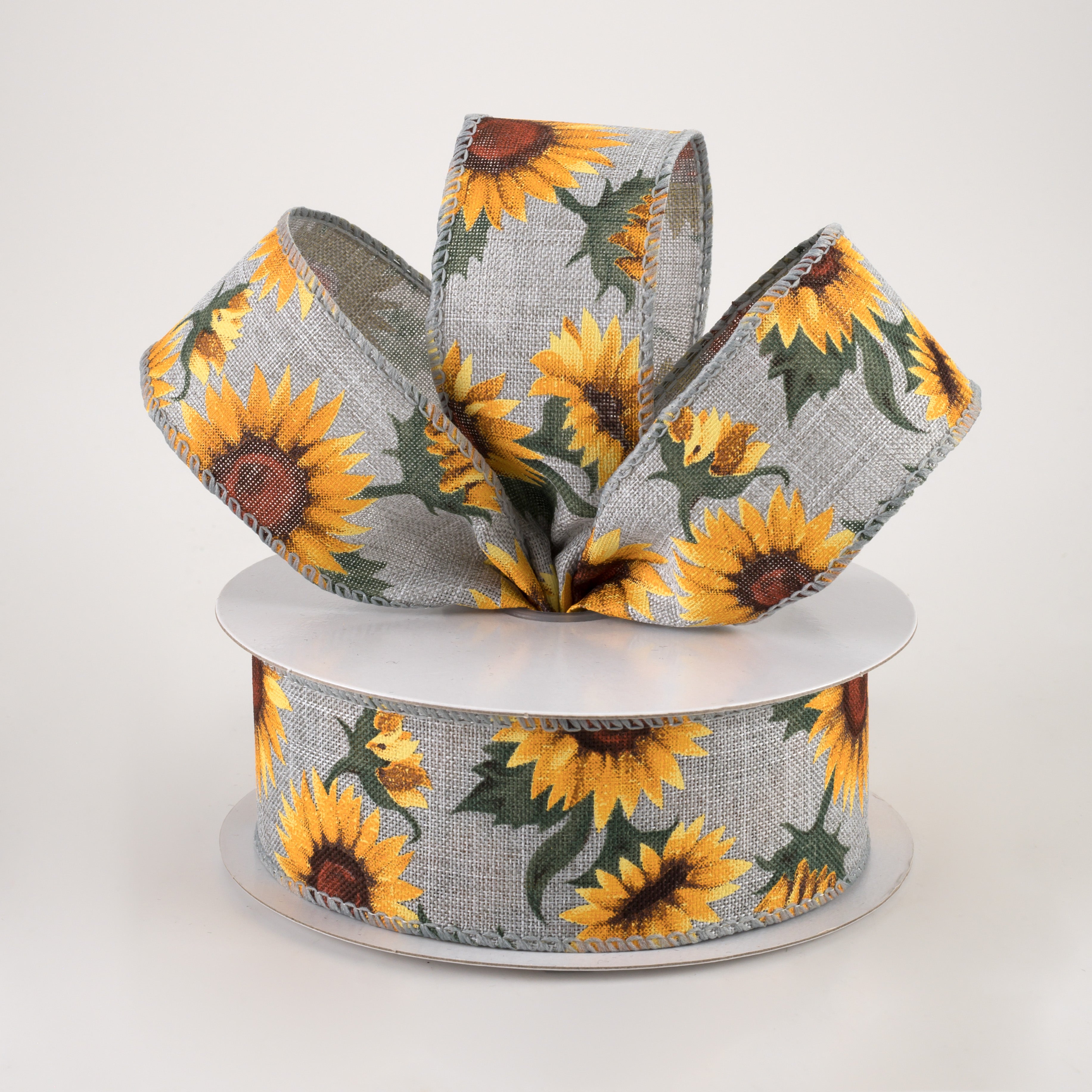 1.5" Linen Sunflowers & Leaves Ribbon: Grey (10 Yards) Lifestyle Photo