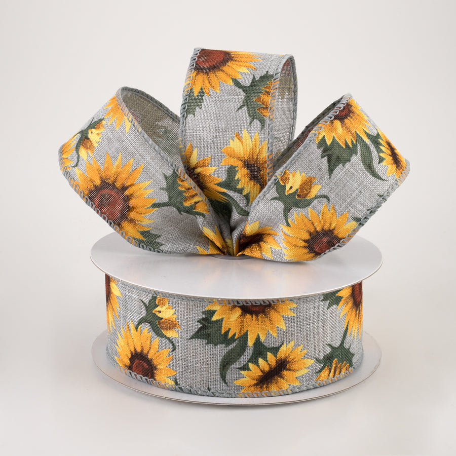 1.5" Linen Sunflowers & Leaves Ribbon: Grey (10 Yards) Lifestyle Photo