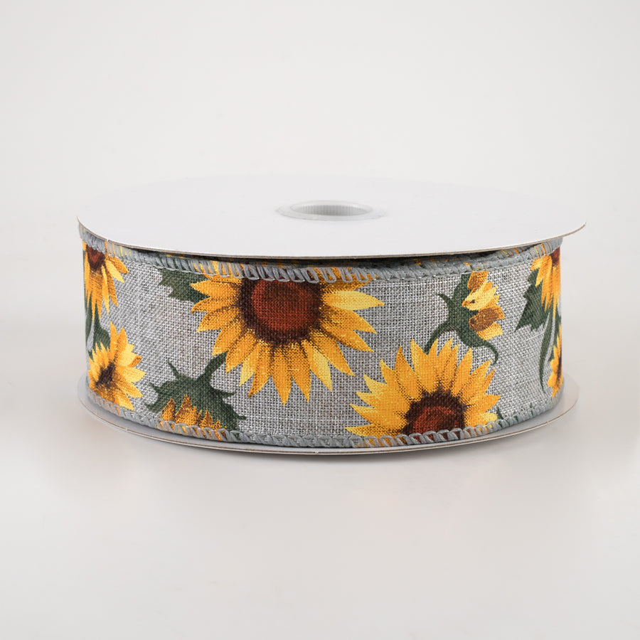1.5" Linen Sunflowers & Leaves Ribbon: Grey (10 Yards)