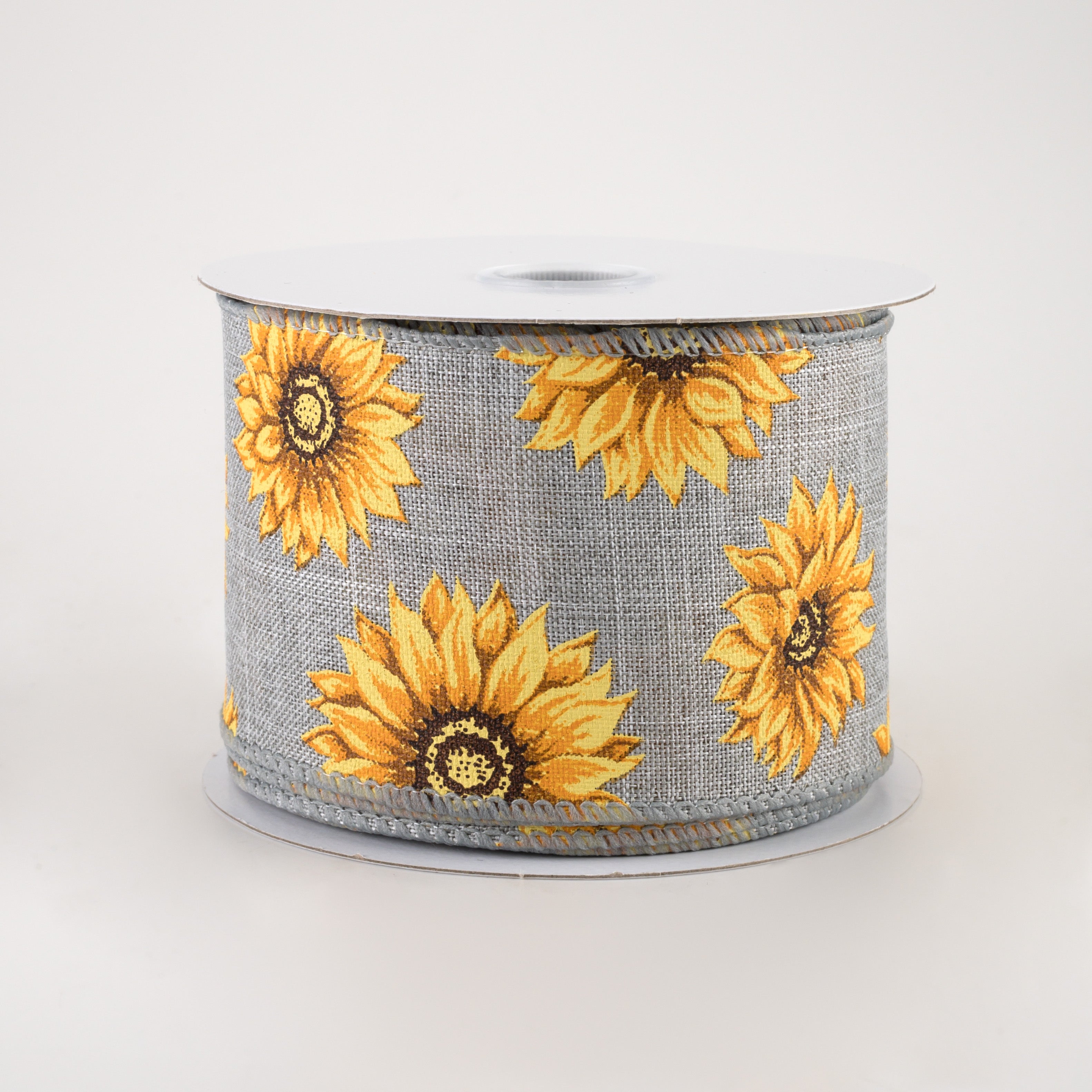 2.5" Linen Sunflowers Ribbon: Grey (10 Yards)