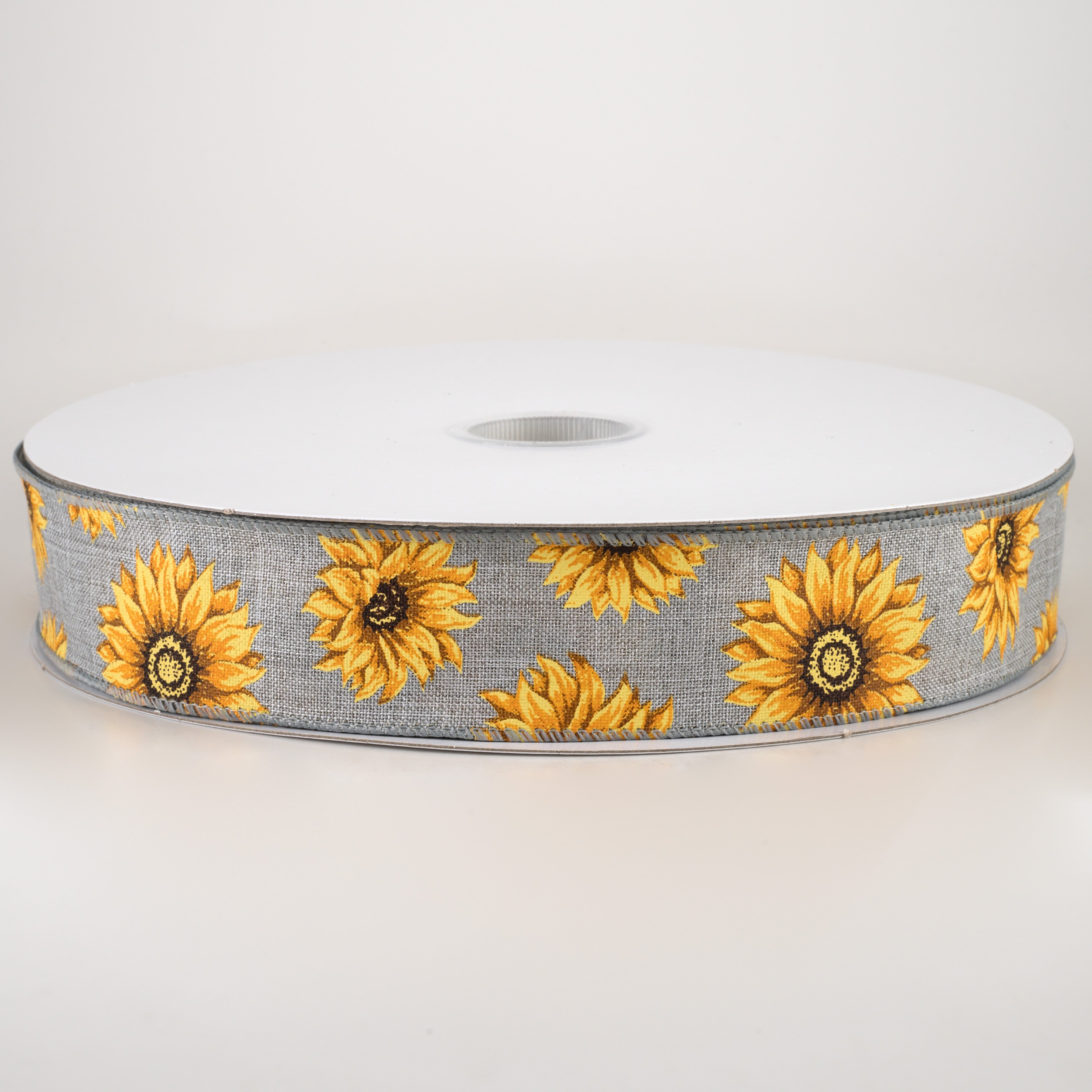 1.5" Linen Sunflowers Ribbon: Grey (50 Yards)