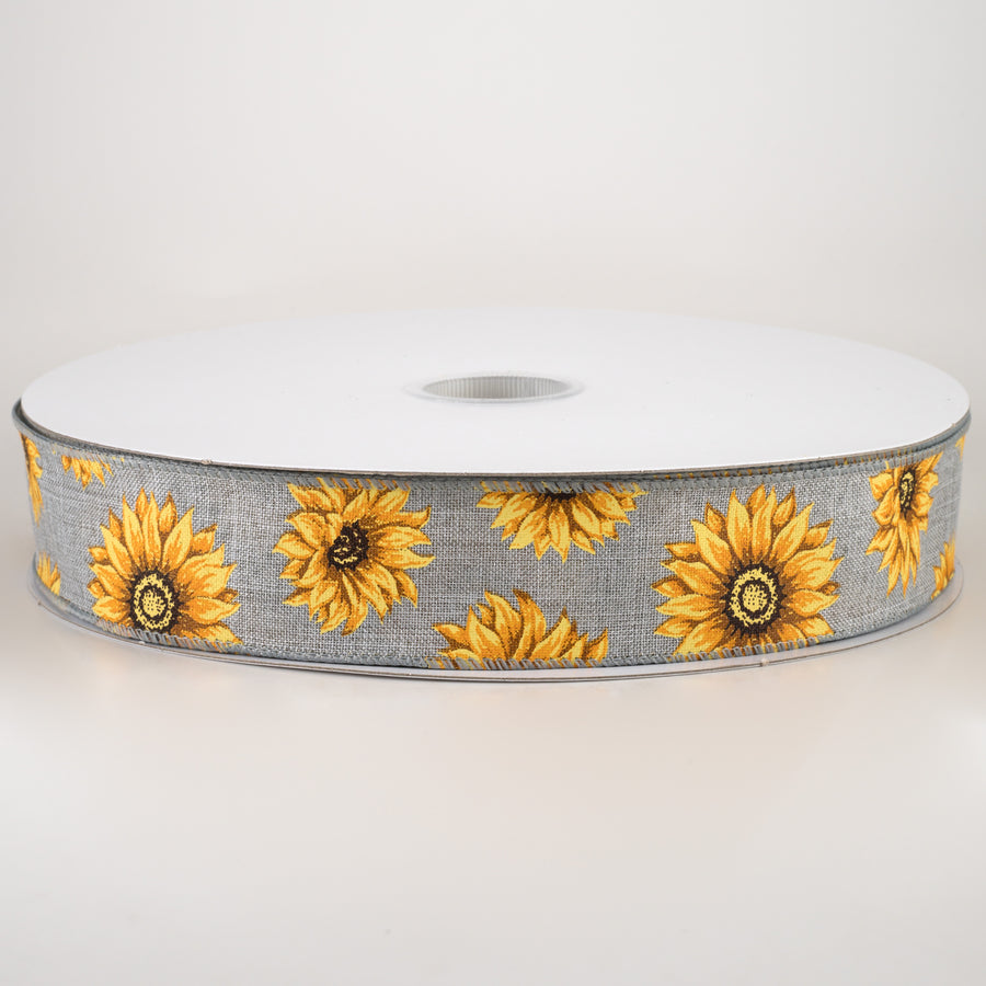 1.5" Linen Sunflowers Ribbon: Grey (50 Yards)