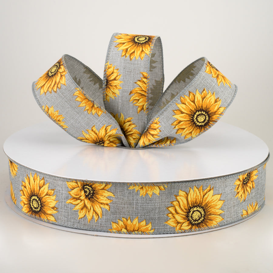 1.5" Linen Sunflowers Ribbon: Grey (50 Yards) Lifestyle Photo