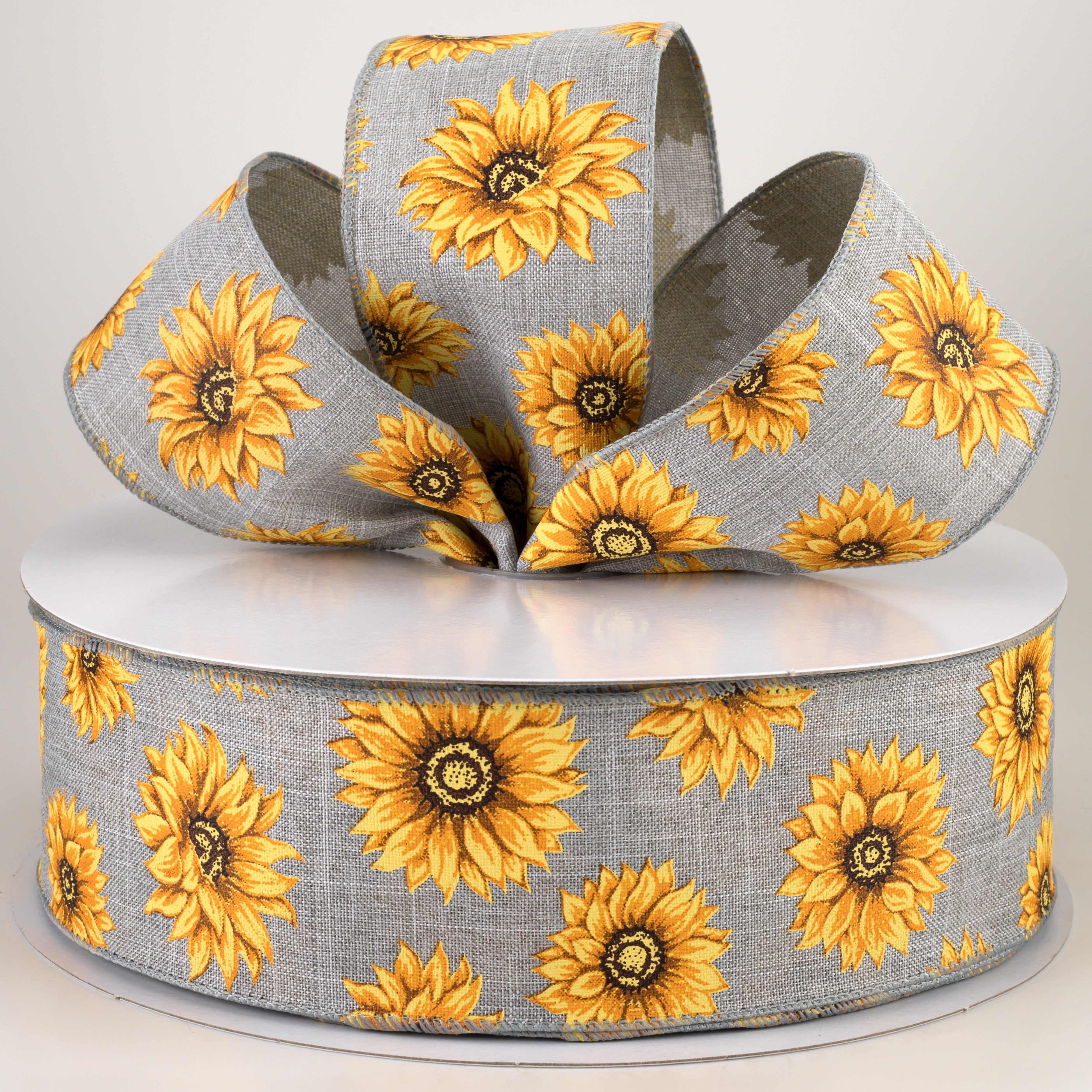 2.5" Linen Sunflowers Ribbon: Grey (50 Yards) Lifestyle Photo