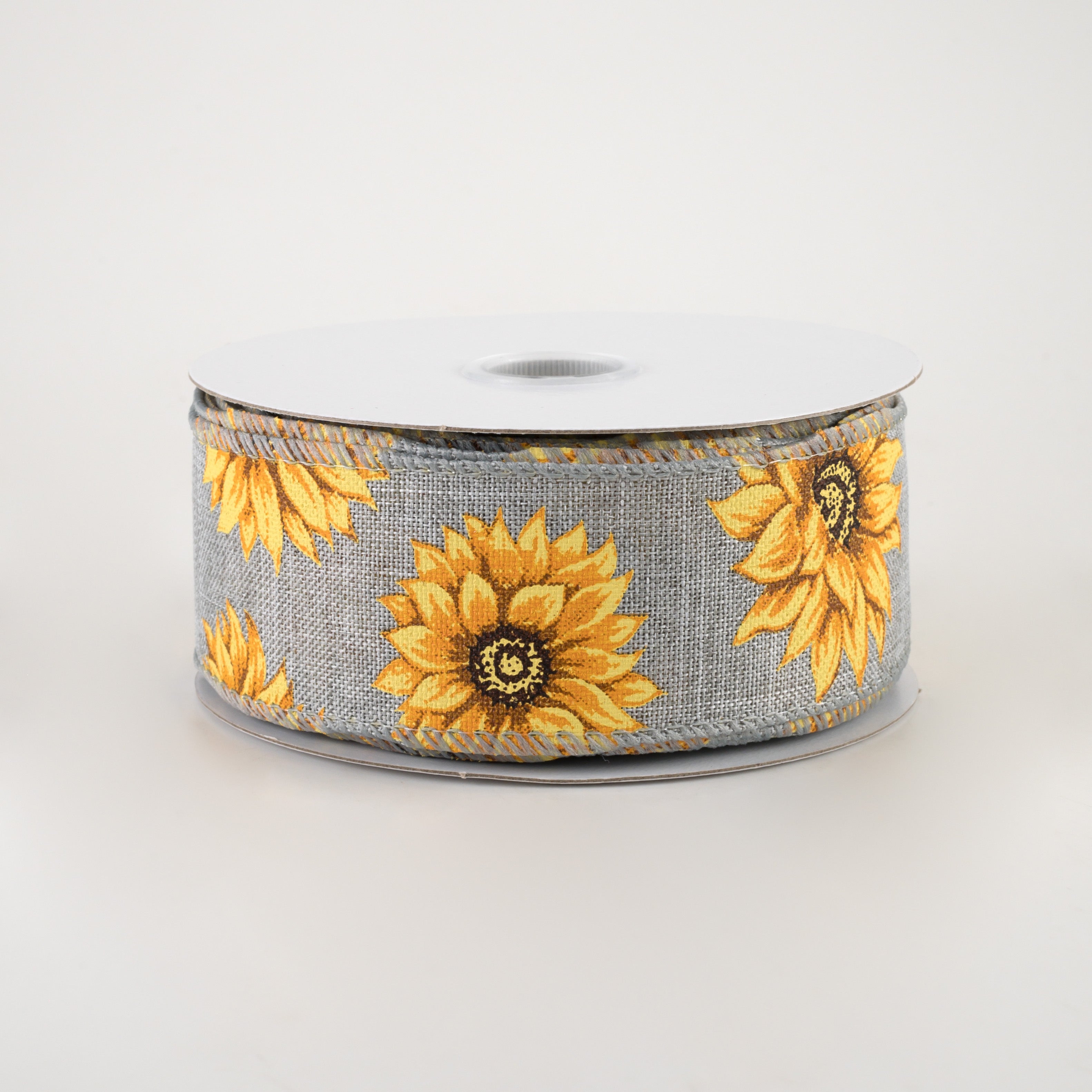 1.5" Linen Sunflowers Ribbon: Grey (10 Yards)