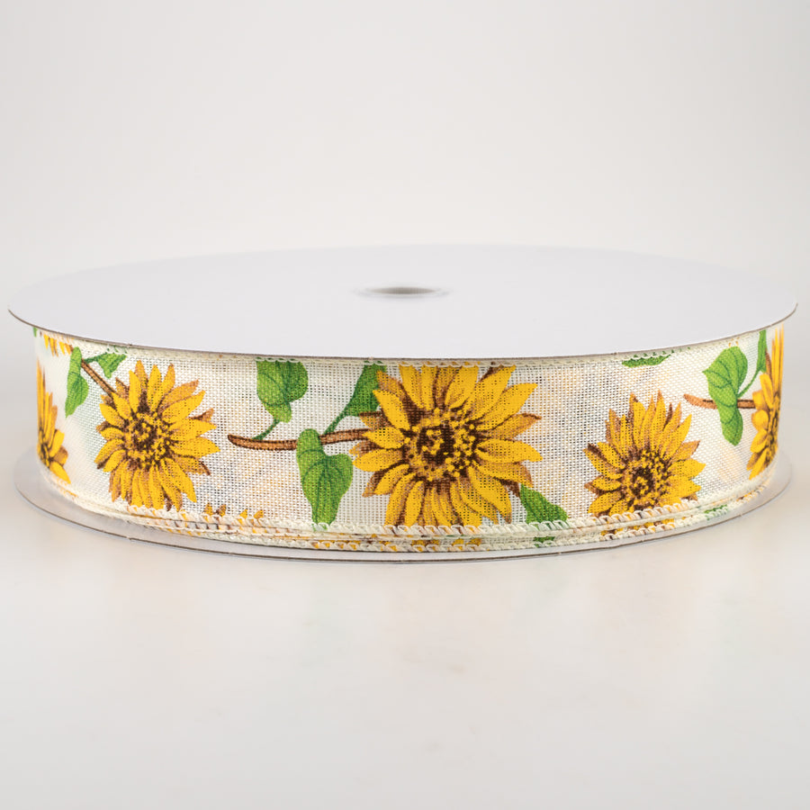 1.5" Linen Sunflowers Ribbon: Ivory (50 Yards)
