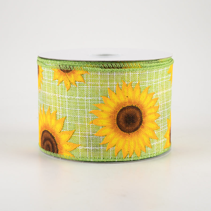 2.5" Linen Sunflowers Ribbon: Lime (10 Yards)