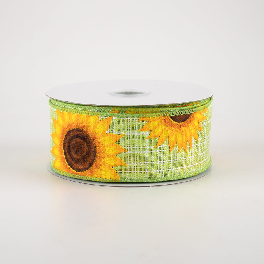 1.5" Linen Sunflowers Ribbon: Lime (10 Yards)