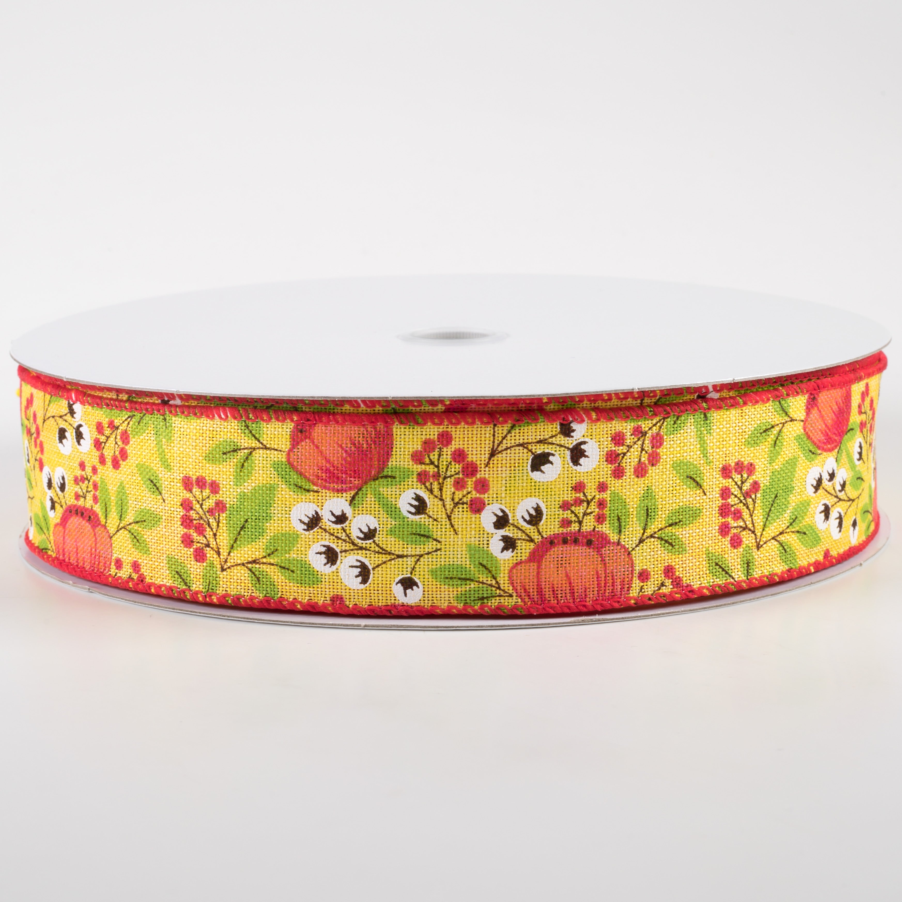 1.5" Linen Tangerine Peonies & Cotton Ribbon: Yellow (50 Yards)