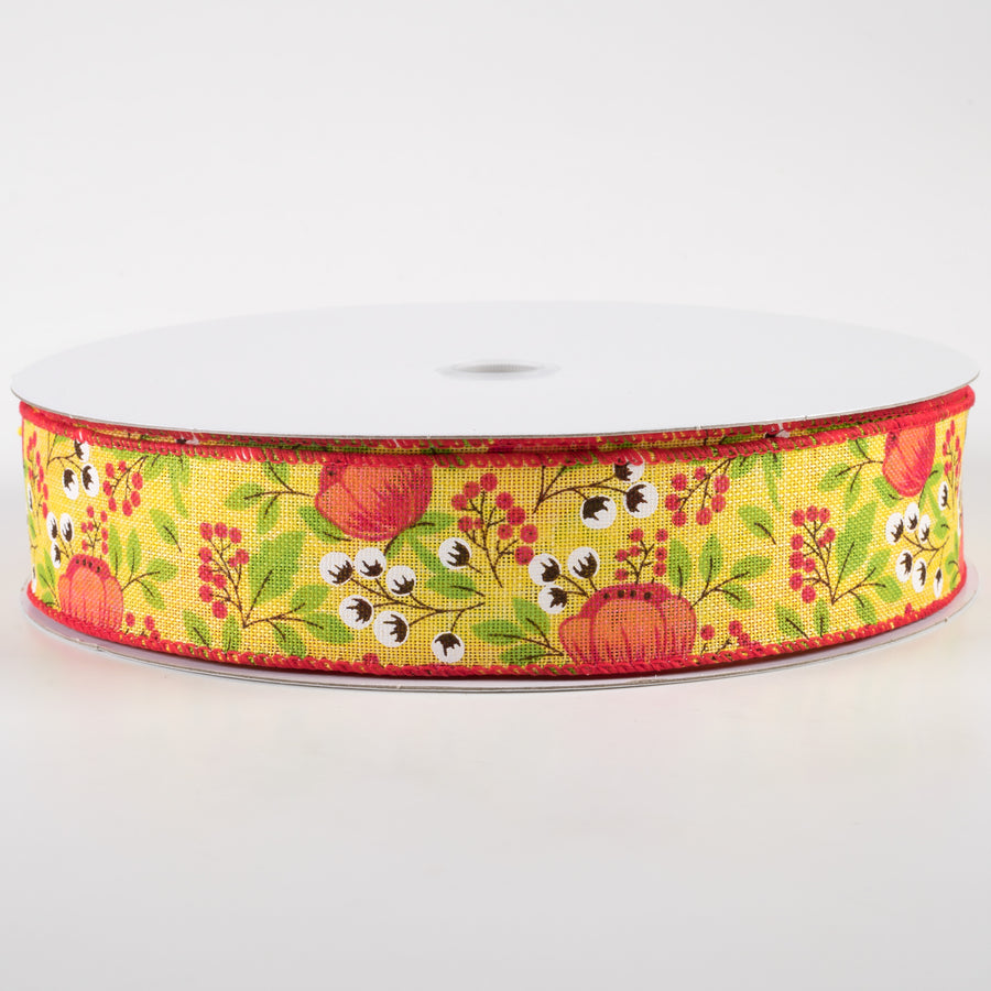1.5" Linen Tangerine Peonies & Cotton Ribbon: Yellow (50 Yards)