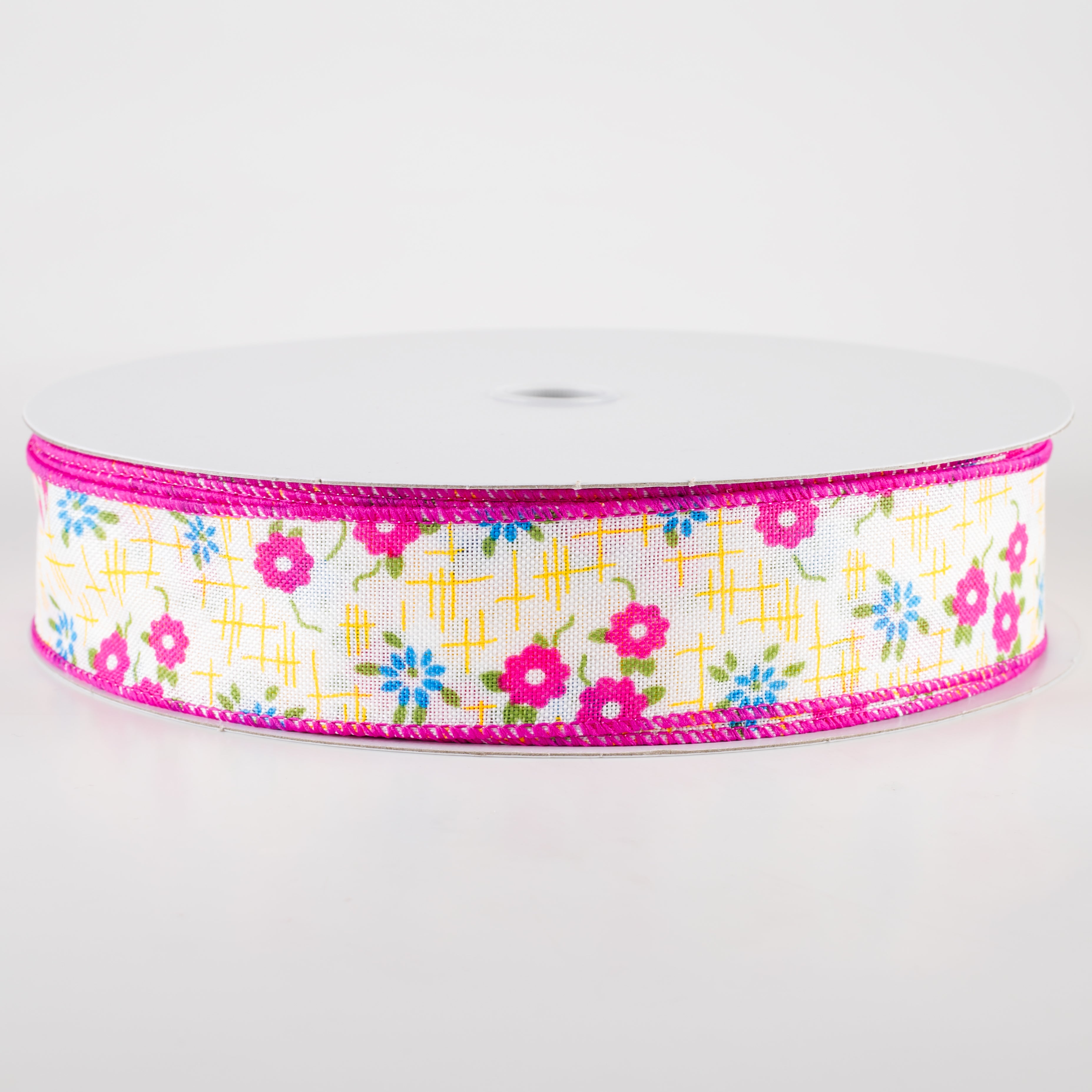 1.5" Linen Textured Flowers Ribbon: Fuchsia Pink, Yellow, Blue (50 Yards) Item Number: 841-09-439