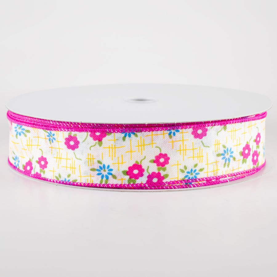 1.5" Linen Textured Flowers Ribbon: Fuchsia Pink, Yellow, Blue (50 Yards) Item Number: 841-09-439