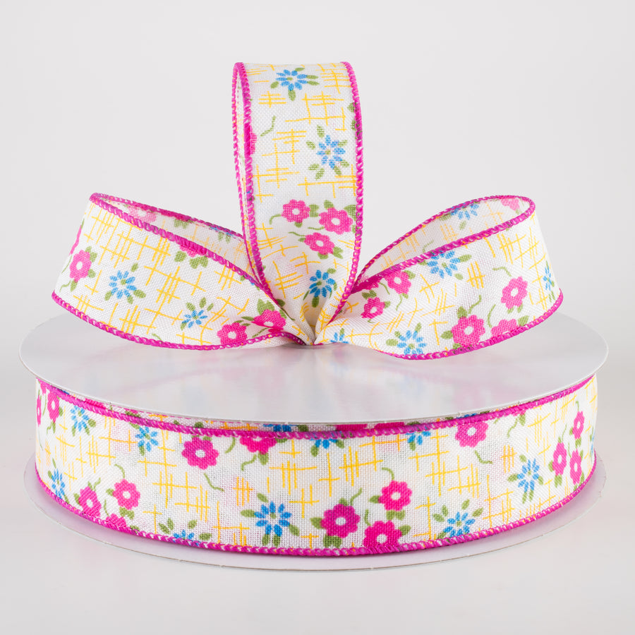 1.5" Linen Textured Flowers Ribbon: Fuchsia Pink, Yellow, Blue (50 Yards) Lifestyle Photo
