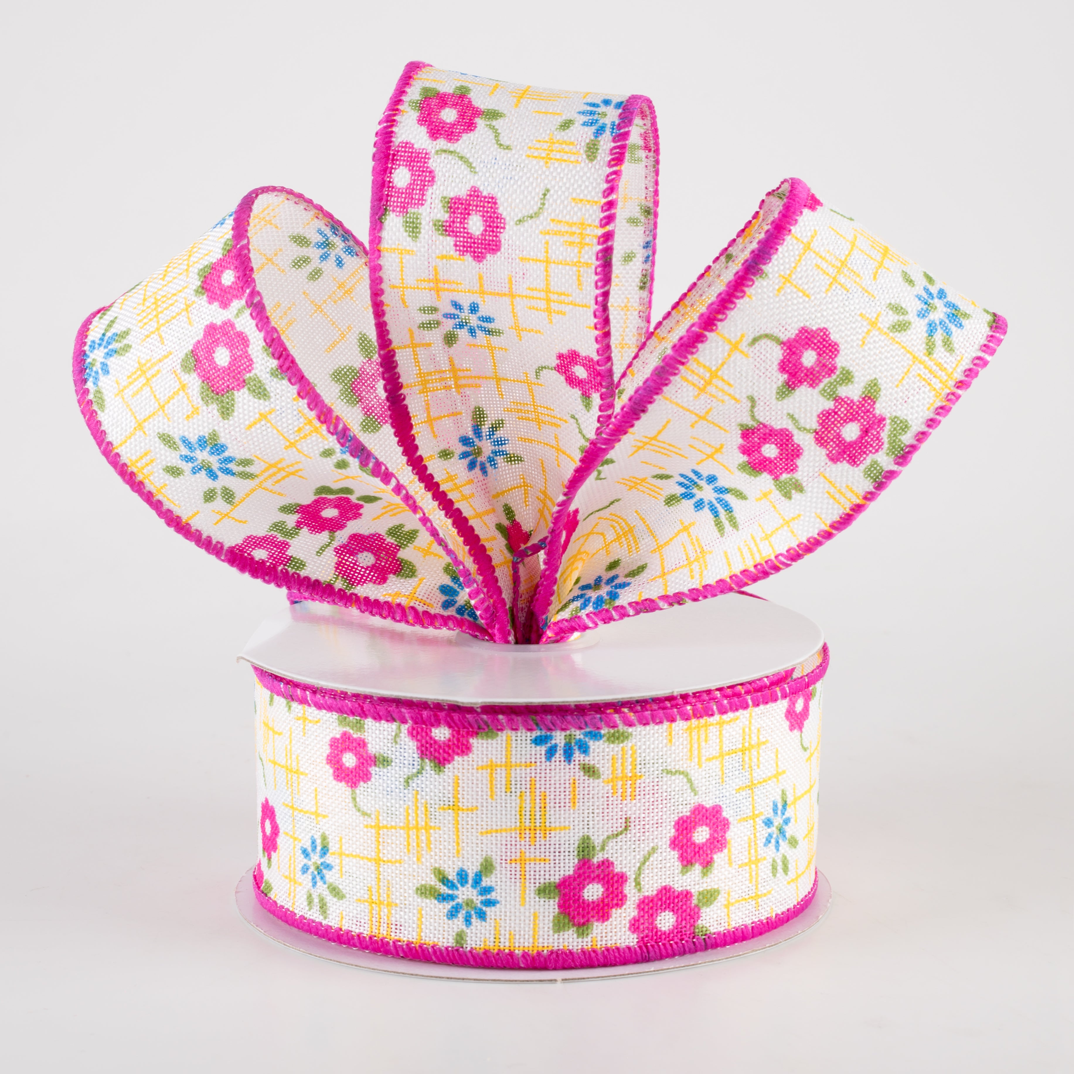 1.5" Linen Textured Flowers Ribbon: Fuchsia Pink, Yellow, Blue (10 Yards) Lifestyle Photo
