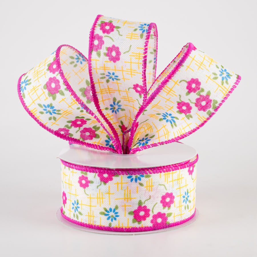 1.5" Linen Textured Flowers Ribbon: Fuchsia Pink, Yellow, Blue (10 Yards) Lifestyle Photo