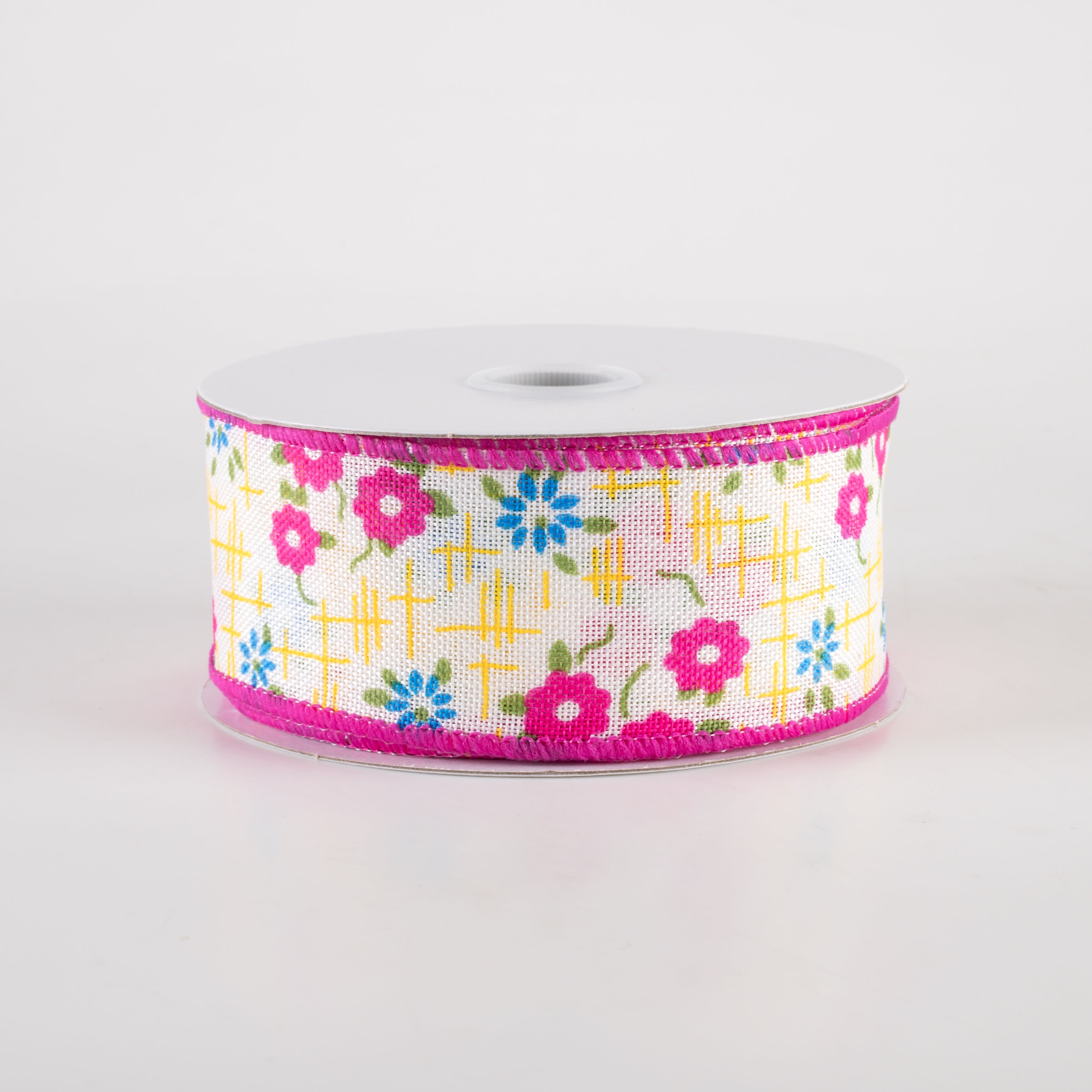 1.5" Linen Textured Flowers Ribbon: Fuchsia Pink, Yellow, Blue (10 Yards) Item Number: 42415-09-24