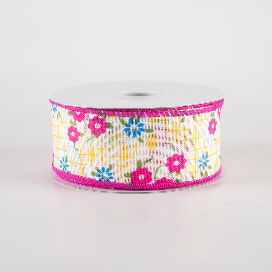 1.5" Linen Textured Flowers Ribbon: Fuchsia Pink, Yellow, Blue (10 Yards) Item Number: 42415-09-24