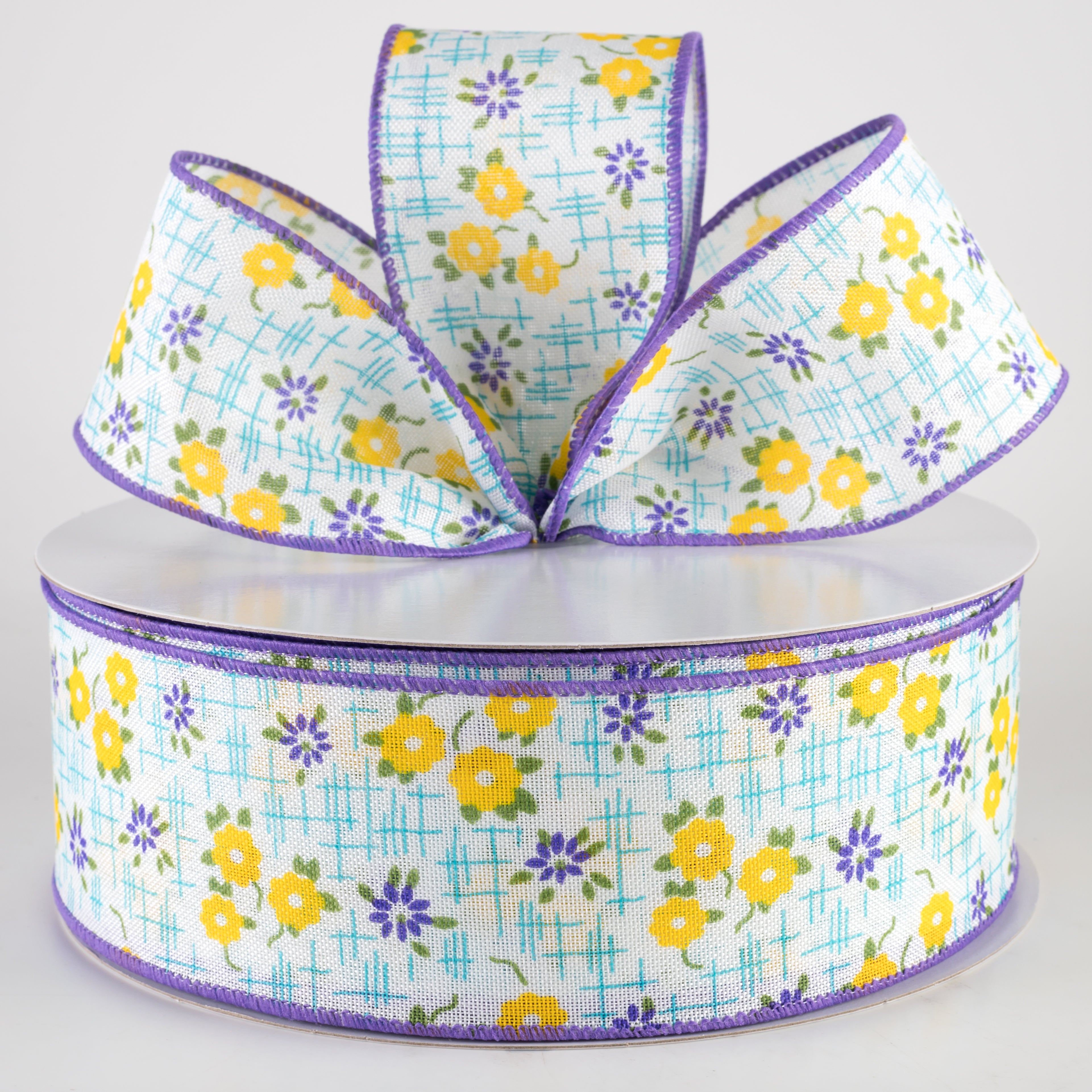 2.5" Linen Textured Flowers Ribbon: Purple, Yellow, Aqua Blue (50 Yards) Lifestyle Photo