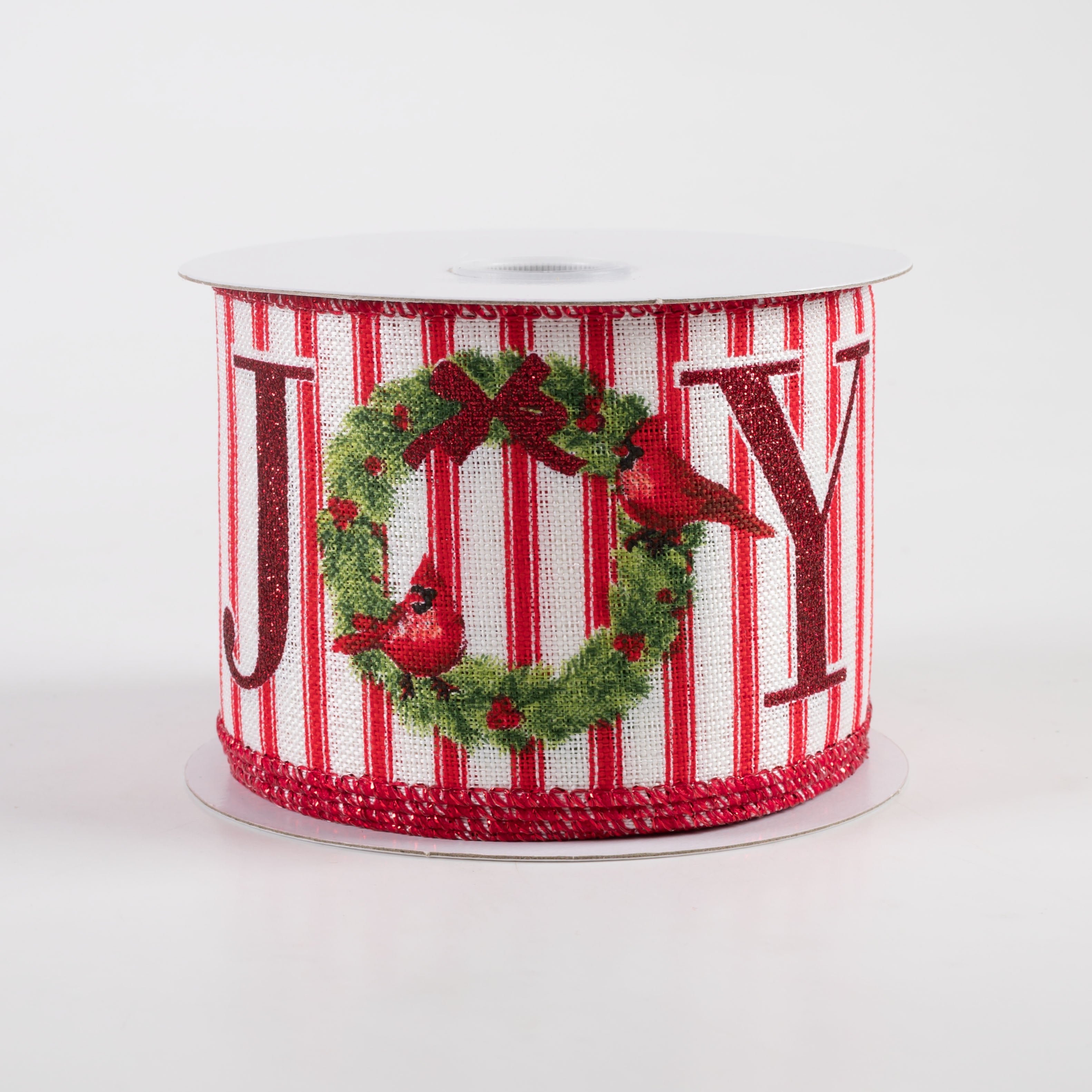 2.5" Linen Ticking Joy Christmas Wreath Ribbon: Ivory & Red (10 Yards)