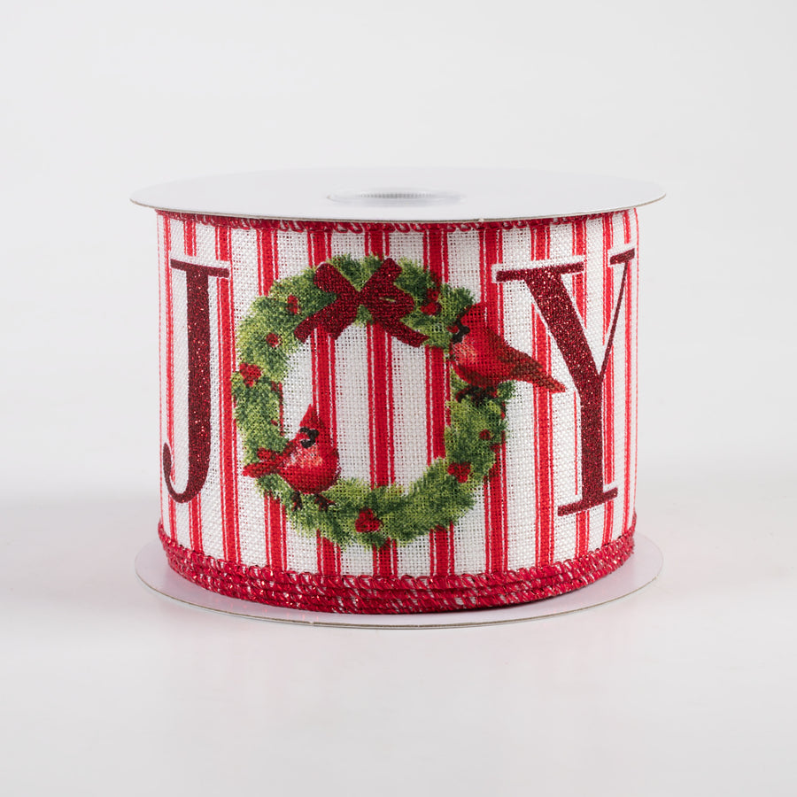 2.5" Linen Ticking Joy Christmas Wreath Ribbon: Ivory & Red (10 Yards)