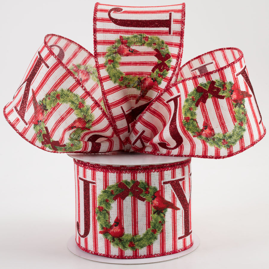 2.5" Linen Ticking Joy Christmas Wreath Ribbon: Ivory & Red (10 Yards) Lifestyle Photo