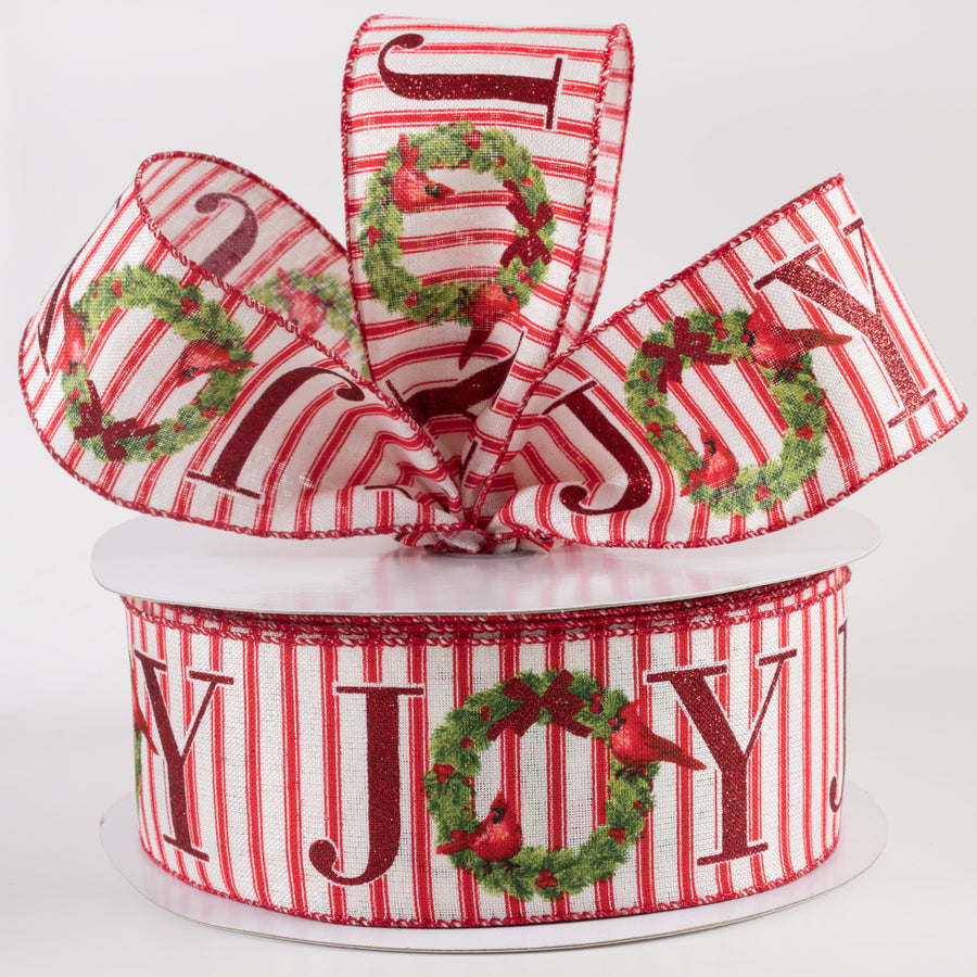 2.5" Linen Ticking Joy Christmas Wreath Ribbon: Ivory & Red (50 Yards) Lifestyle Photo