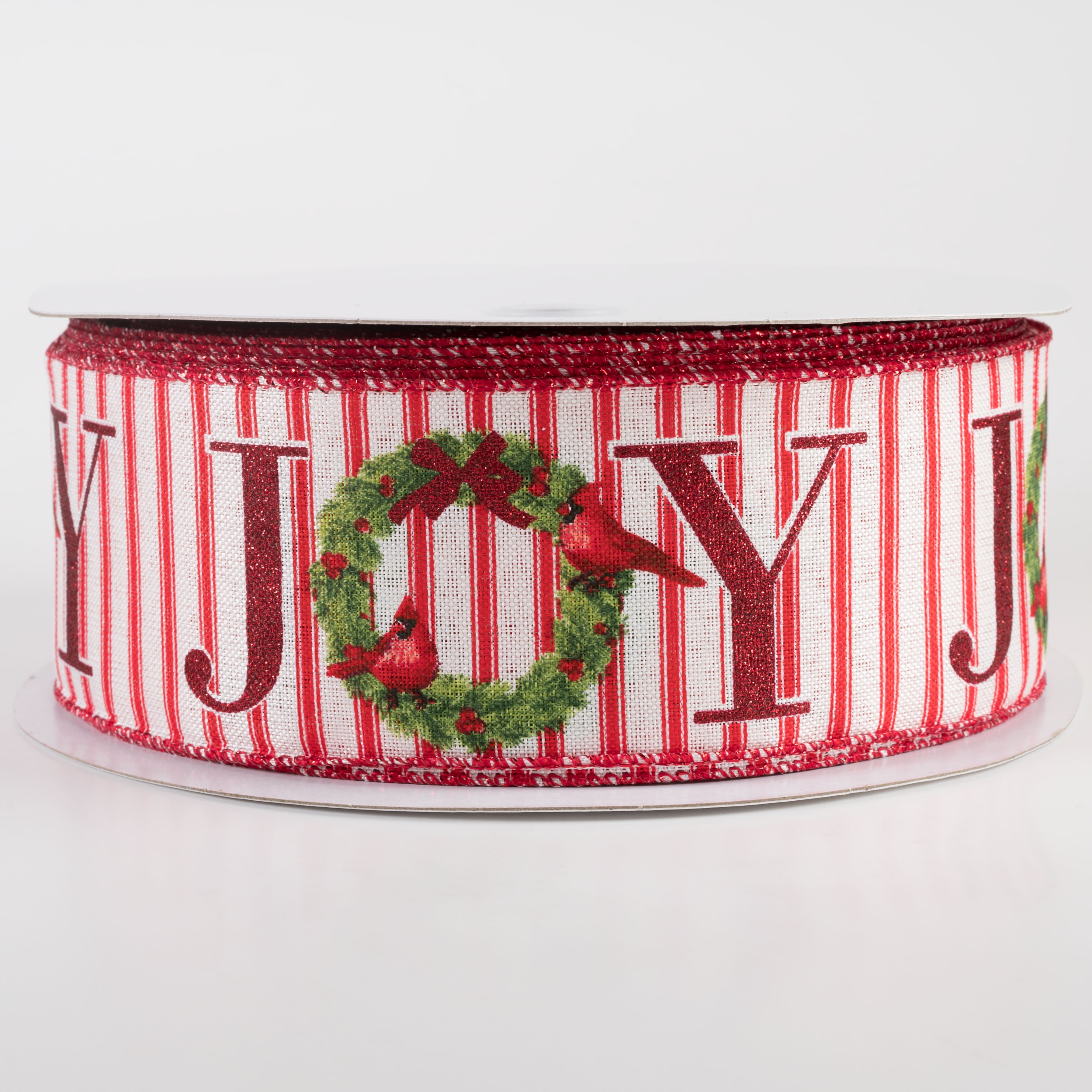 2.5" Linen Ticking Joy Christmas Wreath Ribbon: Ivory & Red (50 Yards)