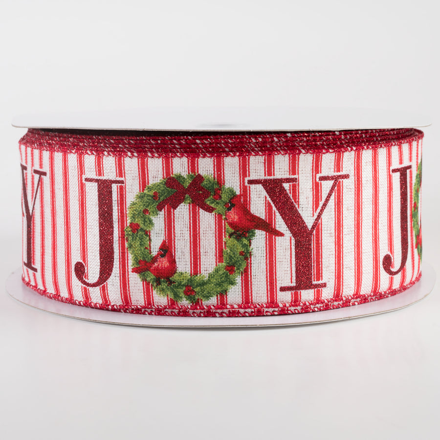 2.5" Linen Ticking Joy Christmas Wreath Ribbon: Ivory & Red (50 Yards)
