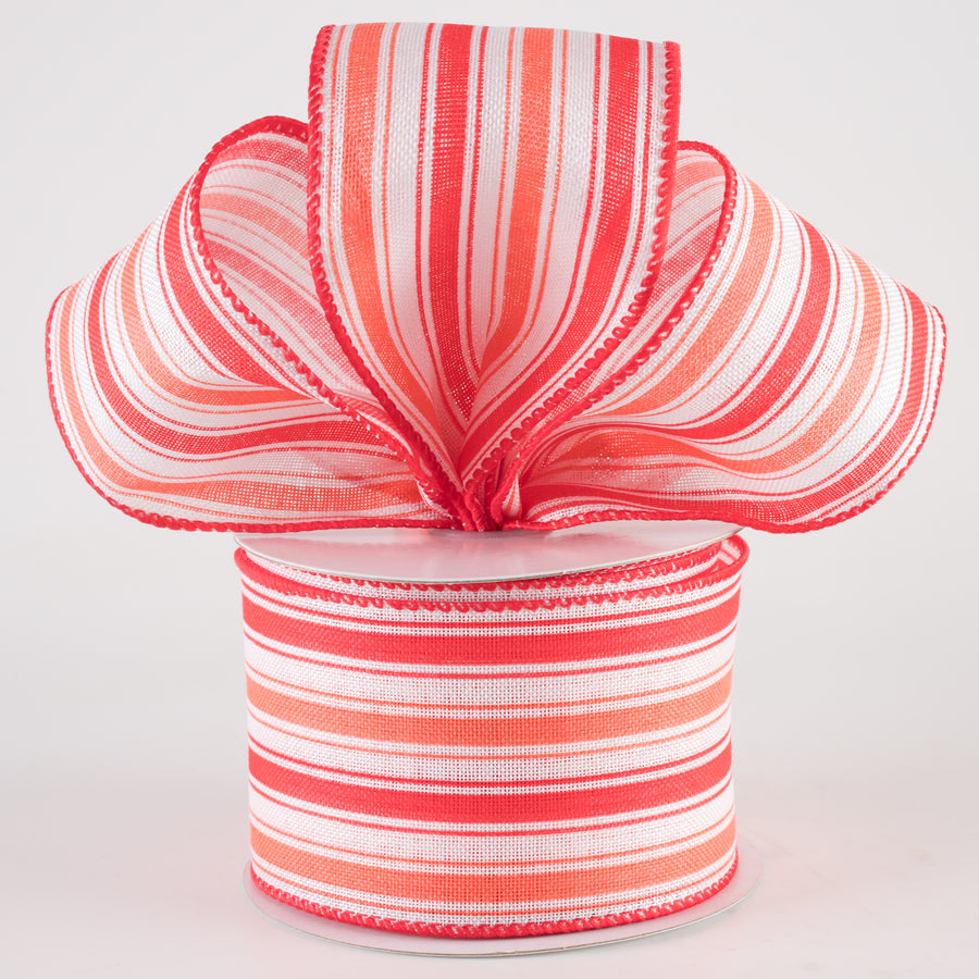 2.5" Linen Ticking Stripes Ribbon: White, Coral, Melon (10 Yards) Lifestyle Photo