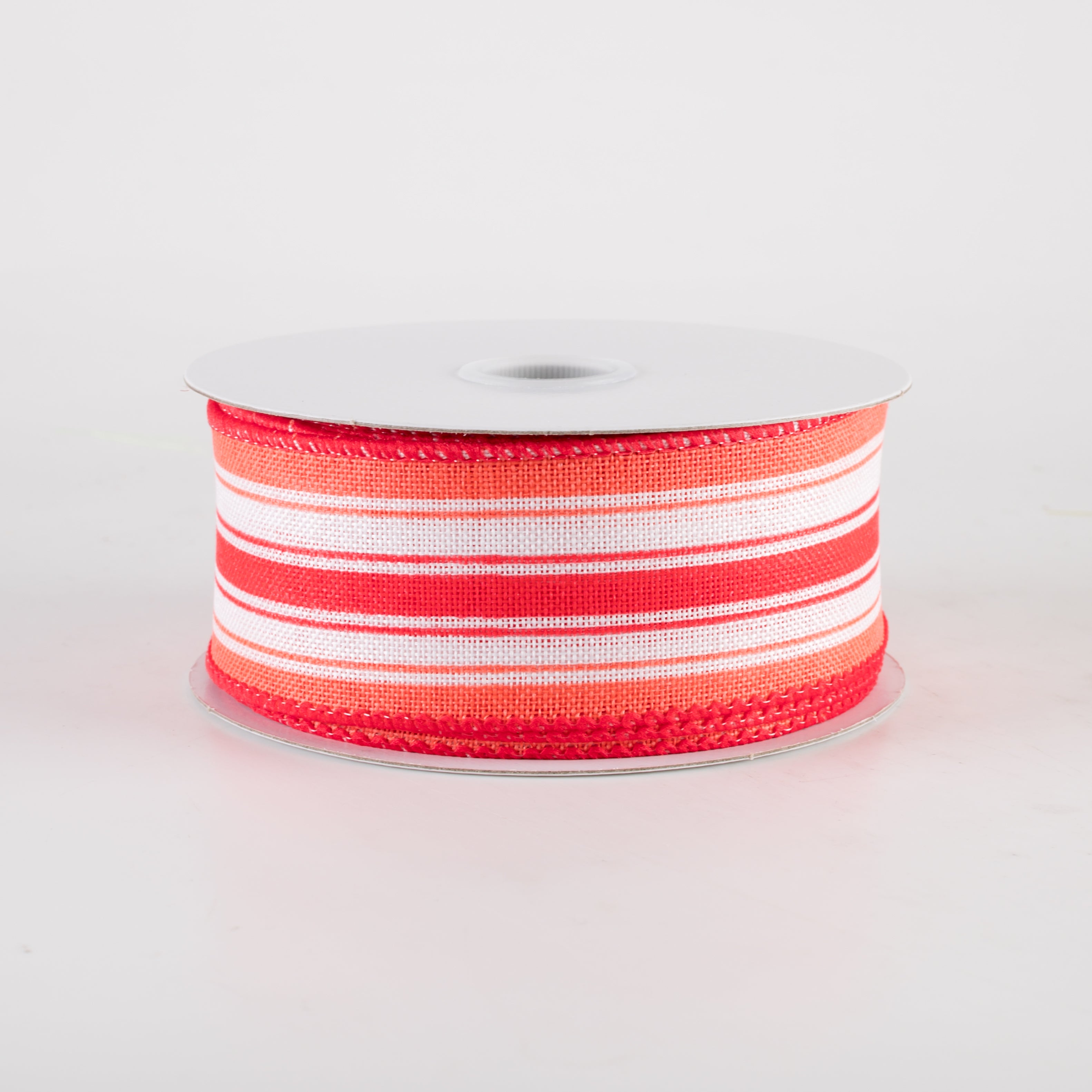 1.5" Linen Ticking Stripes Ribbon: White, Coral, Melon (10 Yards)