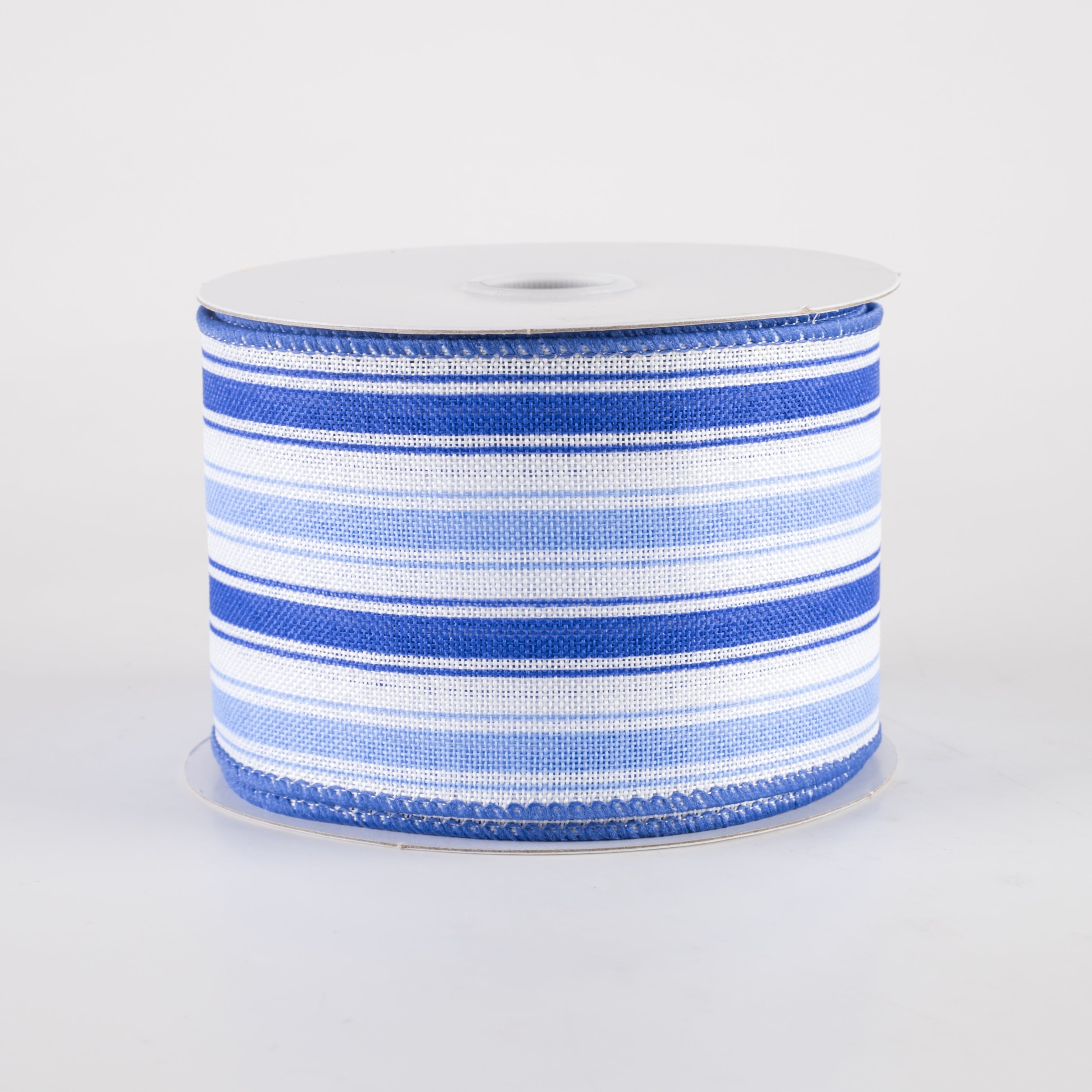 2.5" Linen Ticking Stripes Ribbon: White, Periwinkle, Blue (10 Yards)