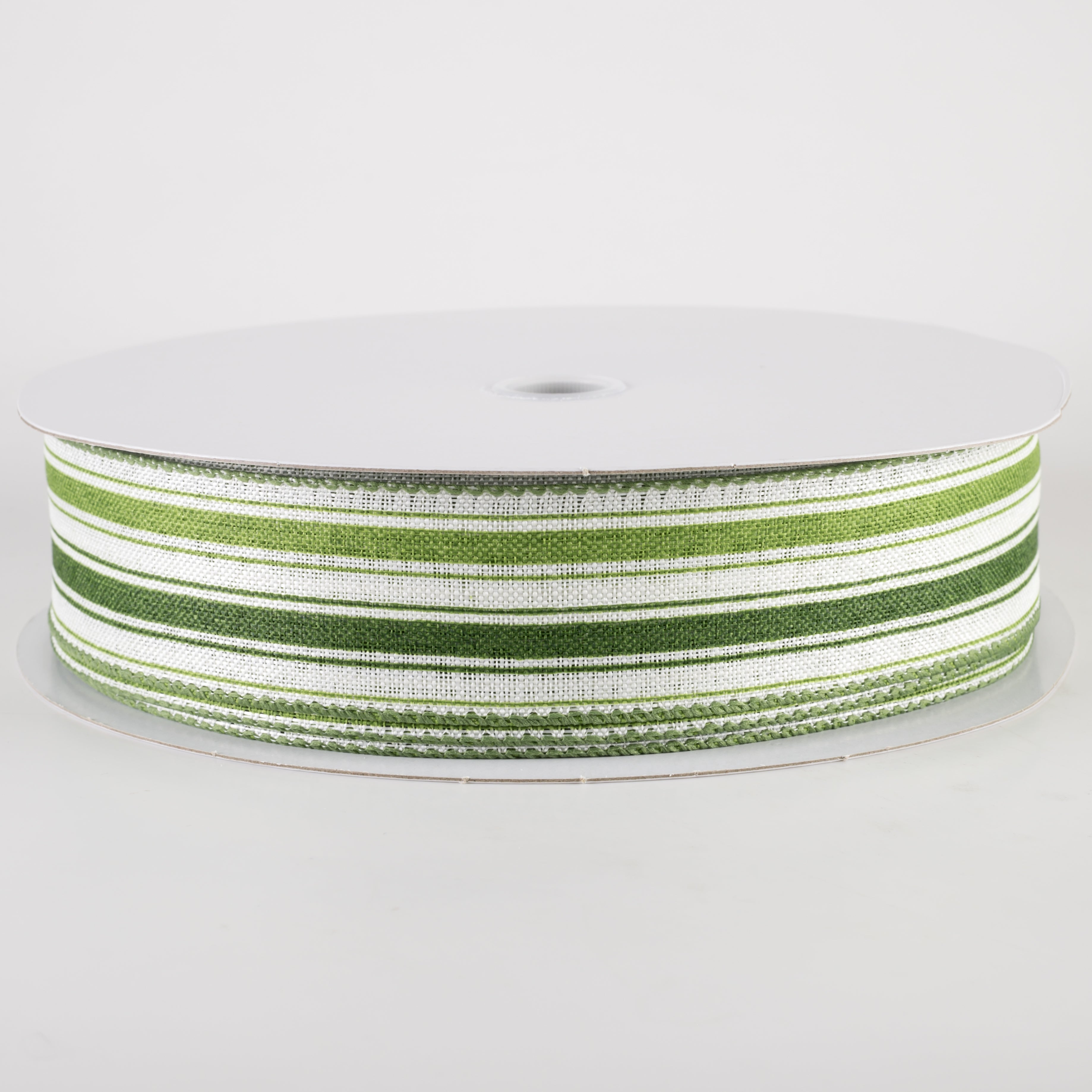 1.5" Linen Ticking Stripes Ribbon: White, Sage Green, Willow (50 Yards)