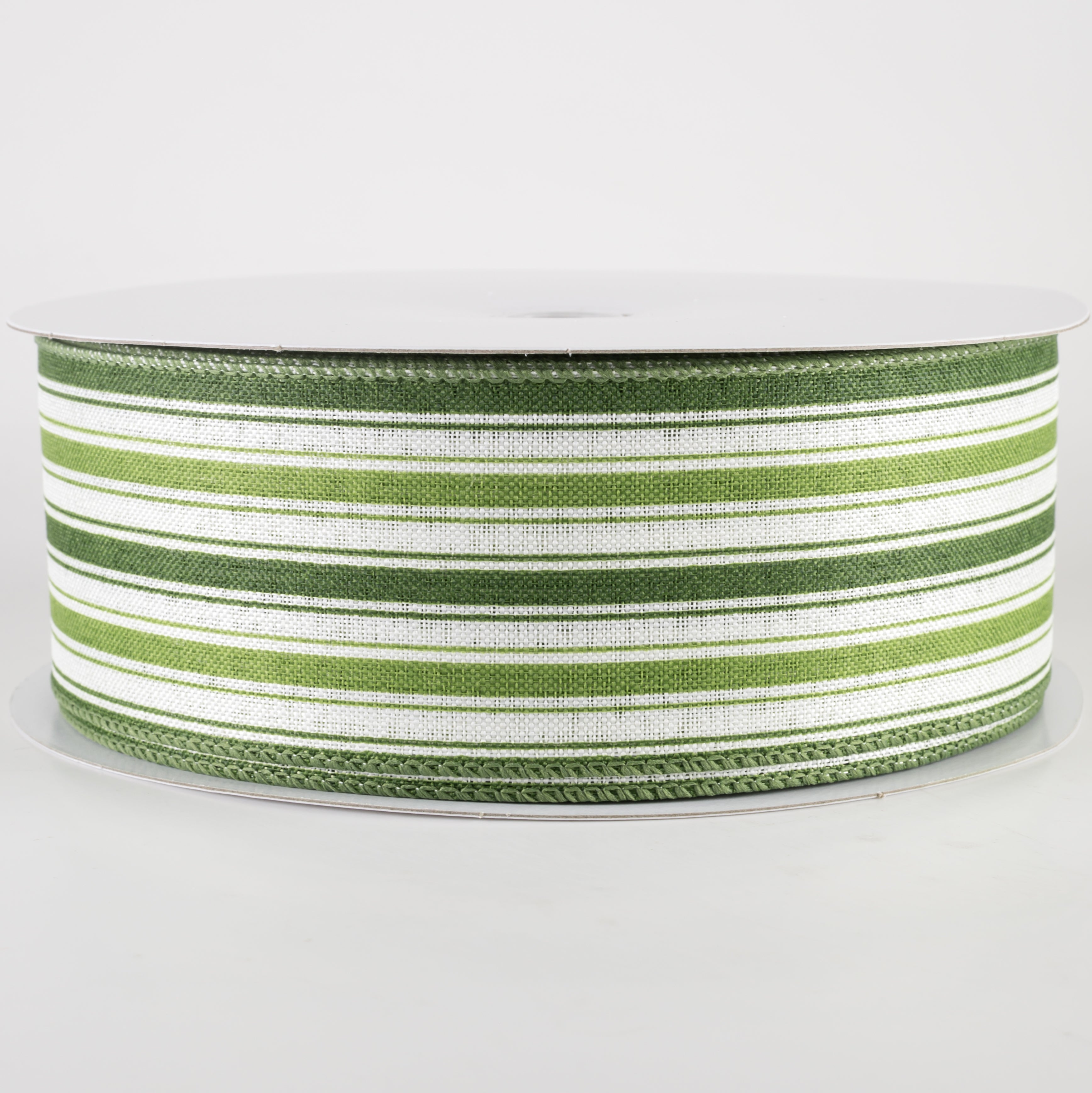 2.5" Linen Ticking Stripes Ribbon: White, Sage Green, Willow (50 Yards)