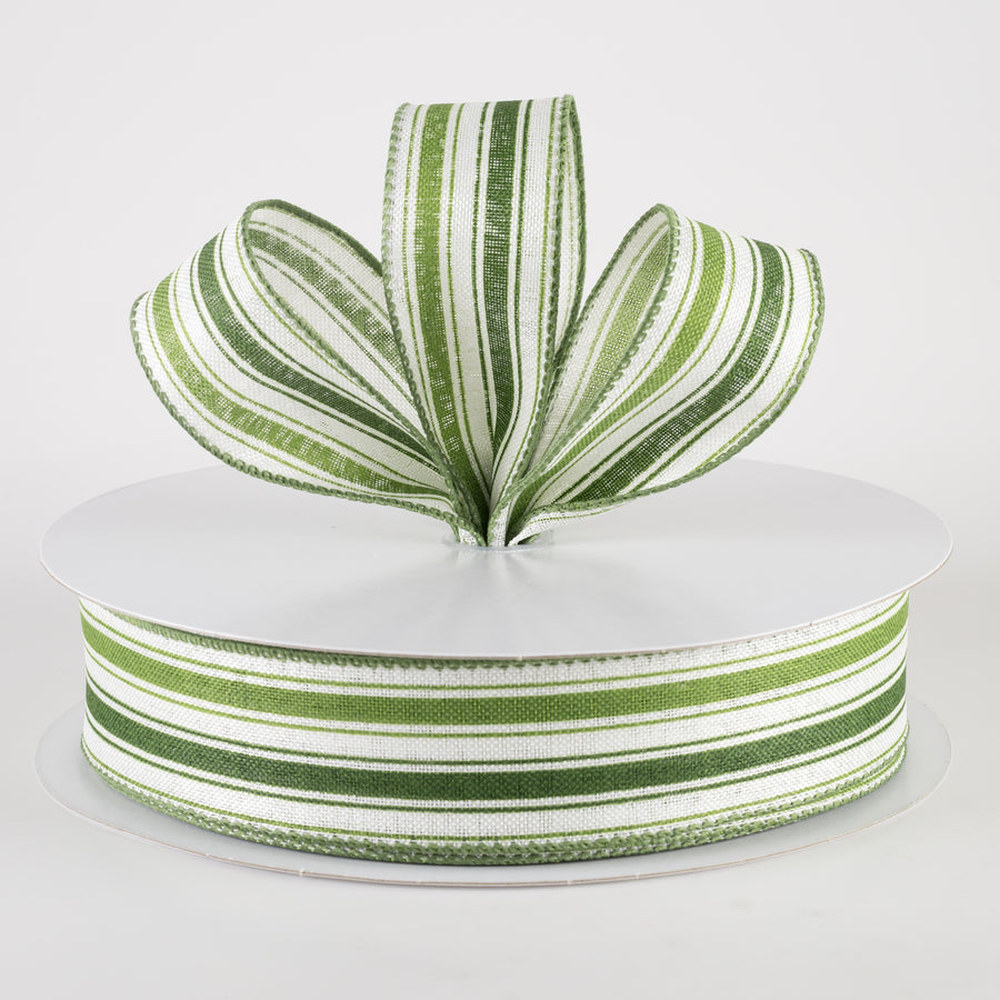 1.5" Linen Ticking Stripes Ribbon: White, Sage Green, Willow (50 Yards) Lifestyle Photo