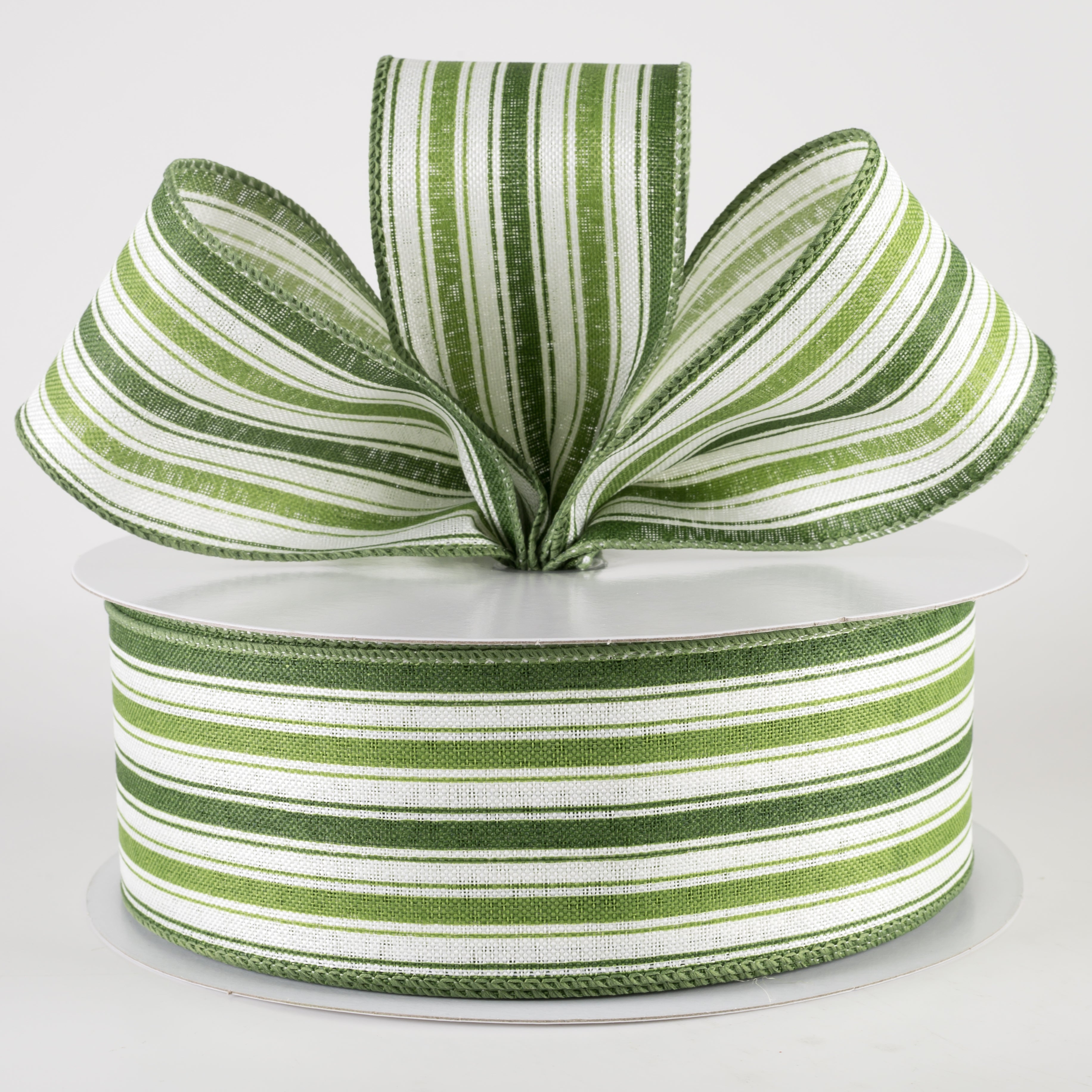 2.5" Linen Ticking Stripes Ribbon: White, Sage Green, Willow (50 Yards) Lifestyle Photo